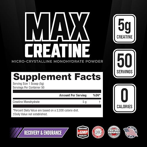 Miniatura 2 de Max Muscle Polvo de monohidrato de creatina ultra pura  Pureza probada  50 porciones  0.18 oz por porción  100% micronizado para una máxima