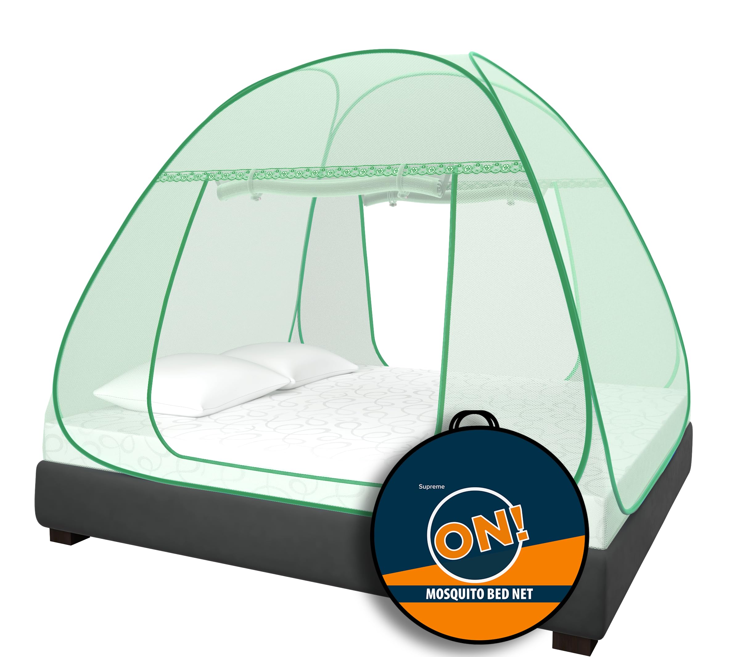 KOLAR Supreme On Green Double Bed Mosquito Net, King-Size (6.5 Feet X 6.5 Feet) Premium Green Machardani, Strong and Durable, Tent Type, Foldable, Corrosion Resistant [200 Cm X 200 Cm X 140 Cm]