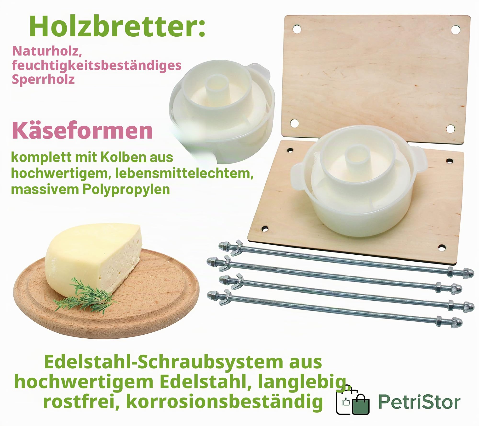 Prensa Para Queso Käsepresse aus Holz für Käseherstellung, 30,5 cm, Metallführungen 33 cm und 2 Käseformen mit Kolben, 1,3 l