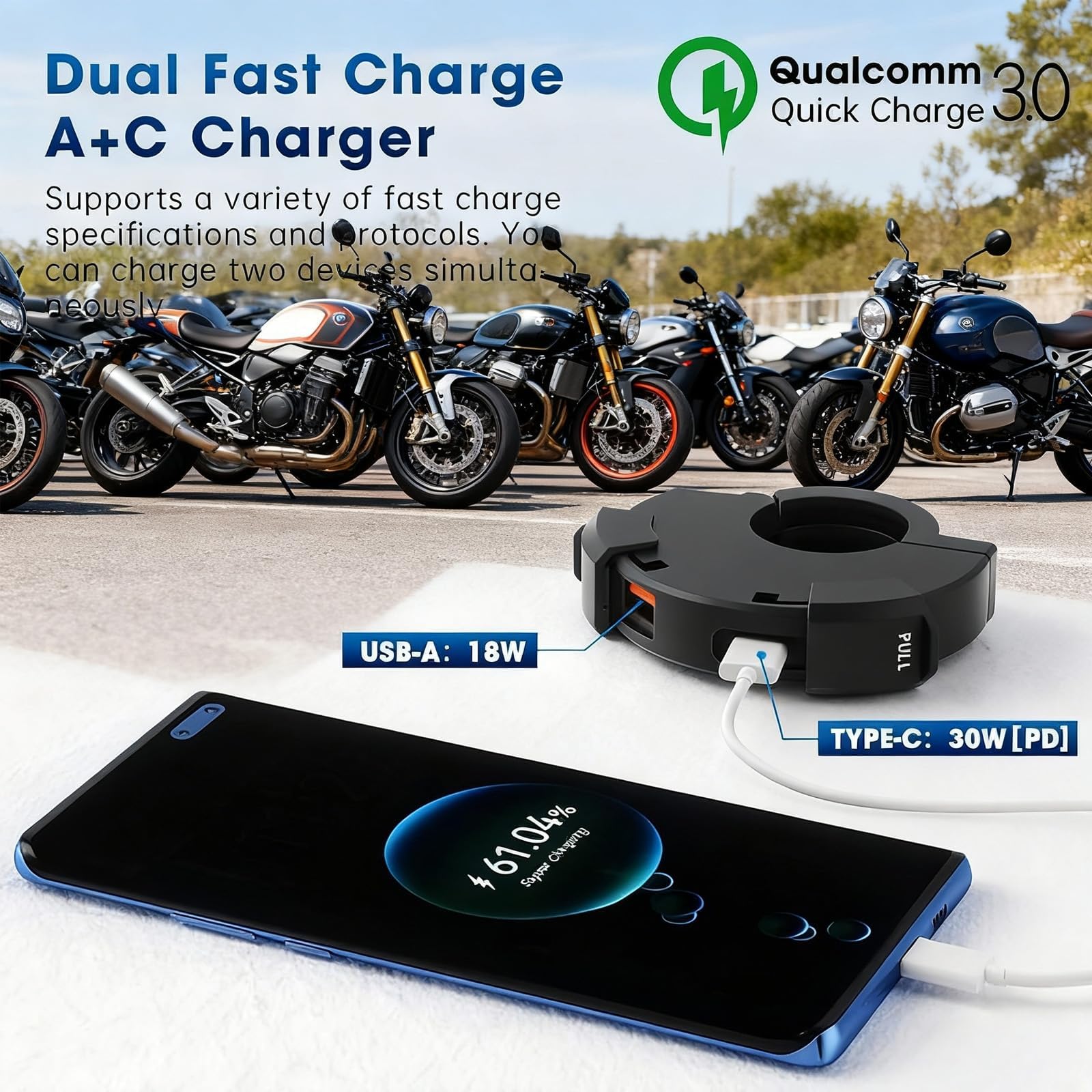 Caricatore USB per Moto 48W, 2 Porte (QC3.0 18W + PD3.0 30W), IP65, Presa USB-C 12-24V – Ricarica Rapida per Viaggi & Avventura/Quotidiano/Outdoor – Compatibile con Telefono/GPS/Fotocamera