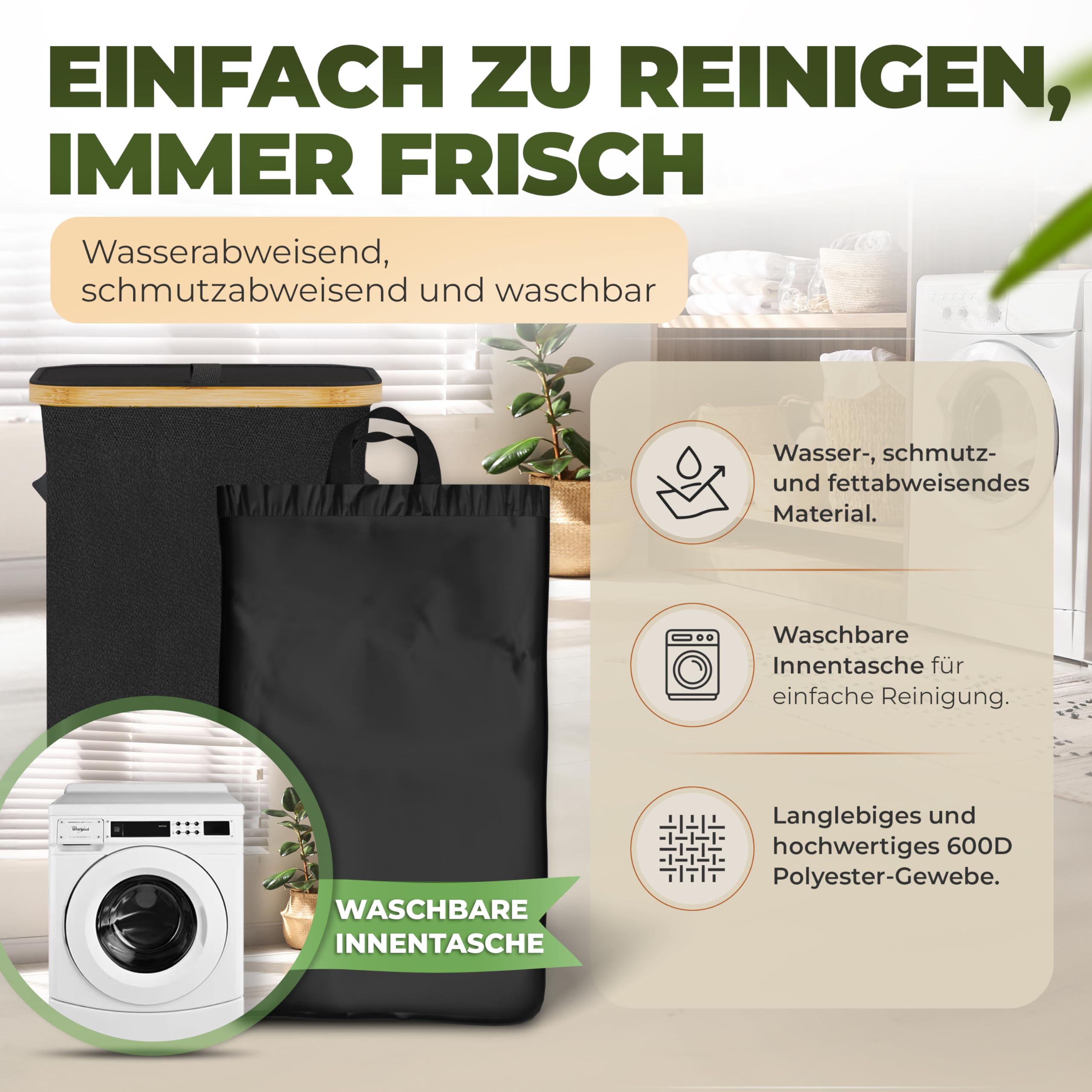 COTTARA® Gelber Sack Ständer Mülleimer mit Deckel Müllsackständer für Gelbe Säcke mit Bambusrahmen und Reißverschluss auf Rückseite, 60-120L Müllsystem Behälter für Recycling schwarz