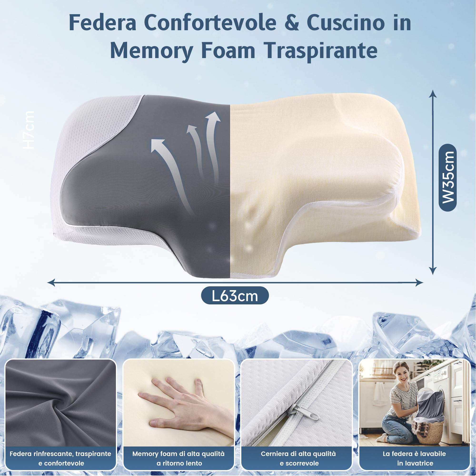 YunNasi Cuscino Cervicale, Ergonomico Cuscino in Memory Foam | per Chi Dorme di Fianco, Sulla Schiena o Sulla Pancia, con Federa Sfoderabile e Lavabile