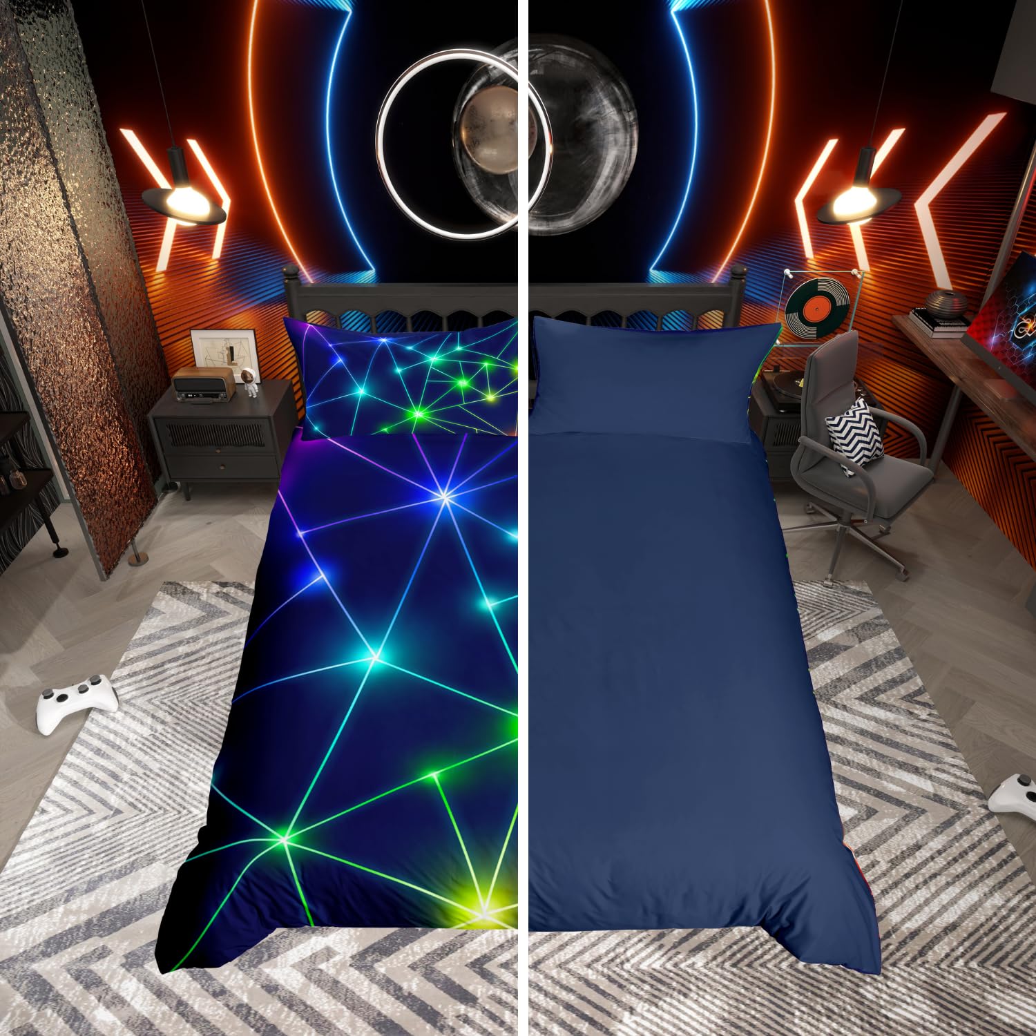 Homewish Neon Geometric Cot Bed Duvet Cover Reversible Navy Blue Bedding Set Retro Triangle Pattern Quilt Cover with 1 Pillowcase, Abstract Rays Printed Bed Sets for Teens Boys Girls Bedroom