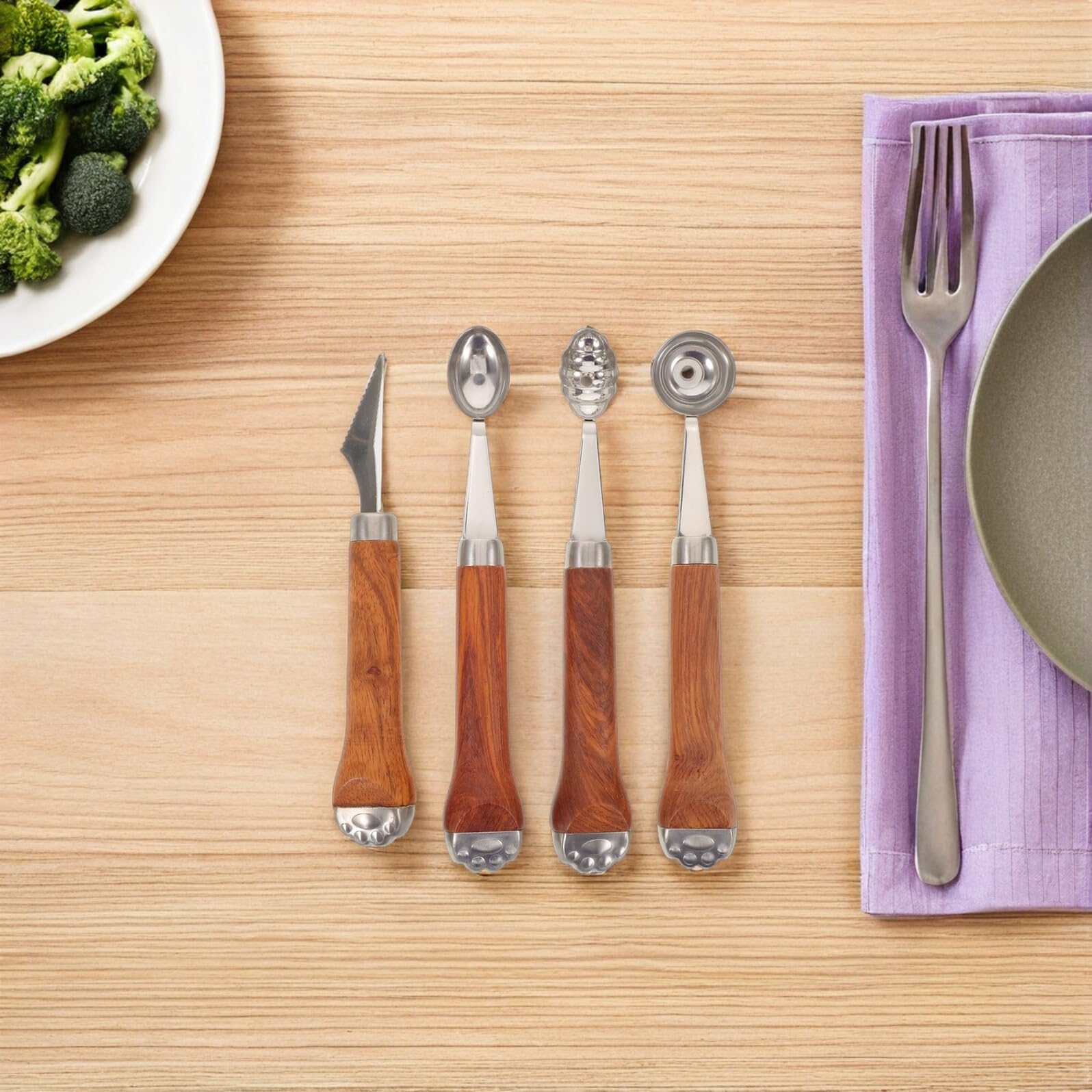 4 Stück Teiliges Melonenkugel-set mit Edelstahl Scoops und Gezacktem Fruchtschneider Ergonomischer Holzgriff Multifunktional für Melonen Obst Eiscreme und Dekoratives Fruchtcarving