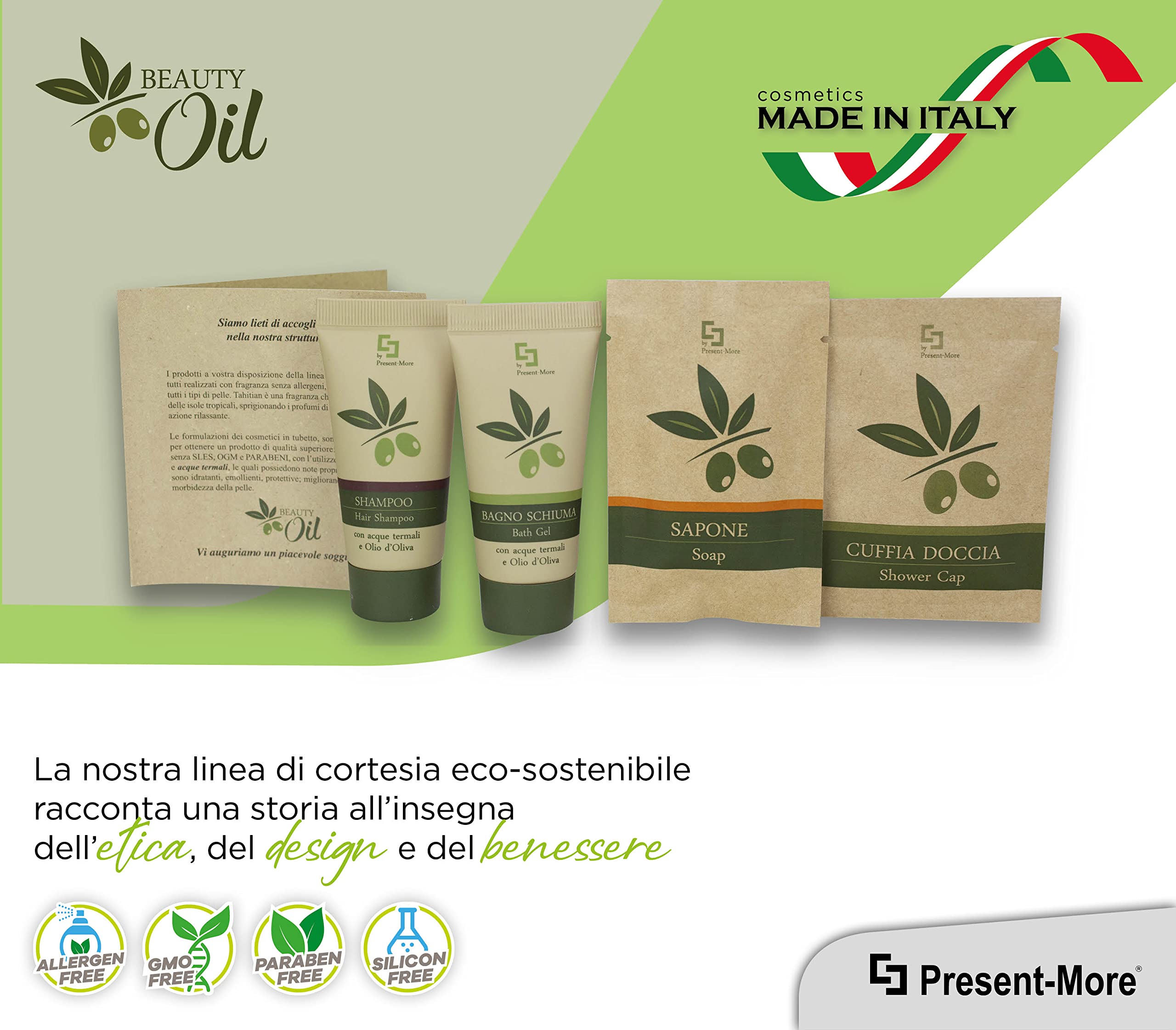 PRESENT-MORE - Set Cortesia 20 Ospiti Beauty Oil - Fragranza Tahitian - Contiene: Shampoo, Gel Doccia, Sapone e Cuffia - Made in Italy - Per Hotel e B&B