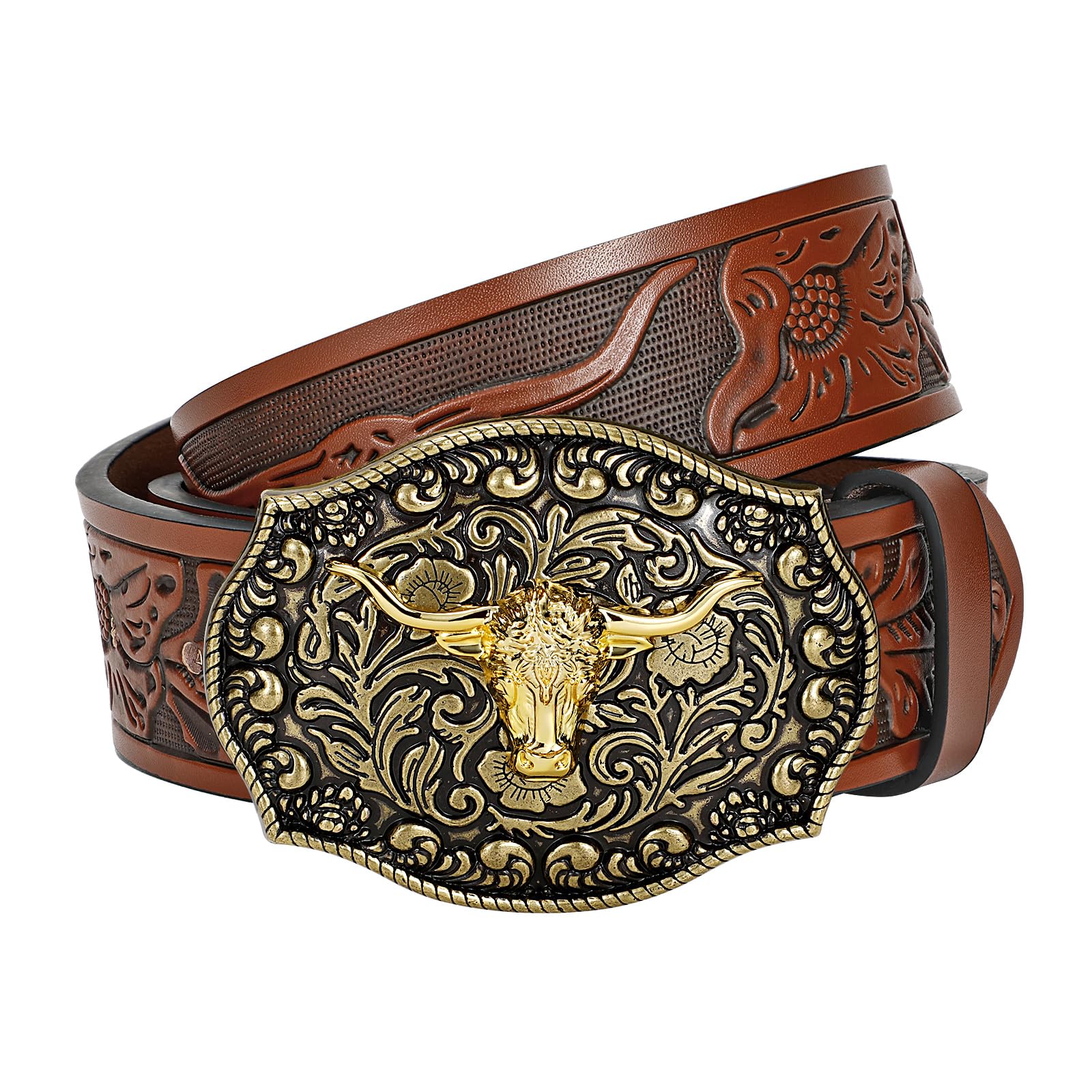 TRIWORKS Mens Western Cowboy Belt Cowgirl Belt with Floral Engraved Buckle Belt for Jeans