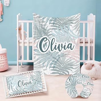 GRESATEK Personalized Toddler Crib Bedding Set - 3 Piece Crib Bedding Set, Standard Size Nursery Bedding for Boys and Girls with Crib Sheet, Nursing Pillow Cover Flannel Blanket Pink Leaf