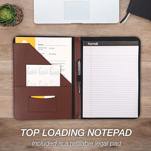 Miniatura 5 de Samsill Padfolio de cuero con cremallera de punto de contraste cartera de negocios ligera y elegante para hombres y mujeres cartera para currículo