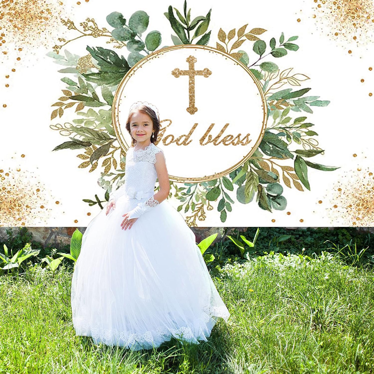 Fondo de Primera Comunión 3,6x2,5m, Dios Bendiciendo Hojas Verdes Doradas Comunión Vinilo Fotografía Telón de Fondo Banner para Niña Niño Primera Comunión Bautismo Fiesta Decoración
