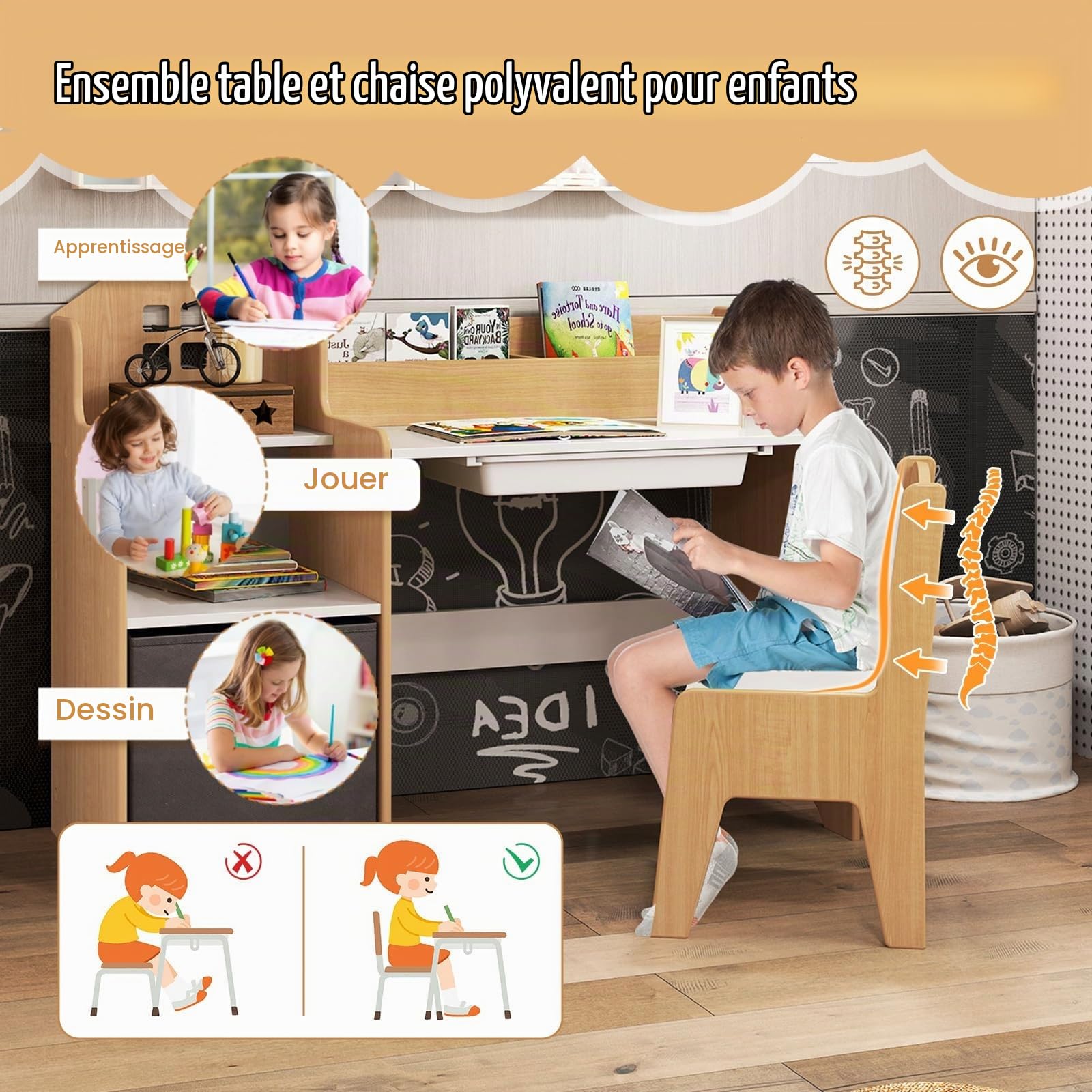 LIFEZEAL Bureau Enfant avec Rangement et Chaise, Table en Bois pour Garçon Fille 3-12 Ans, Bureau avec Bibliothèque, Compartiment, étagère, Tiroir en Tissu (Naturel)
