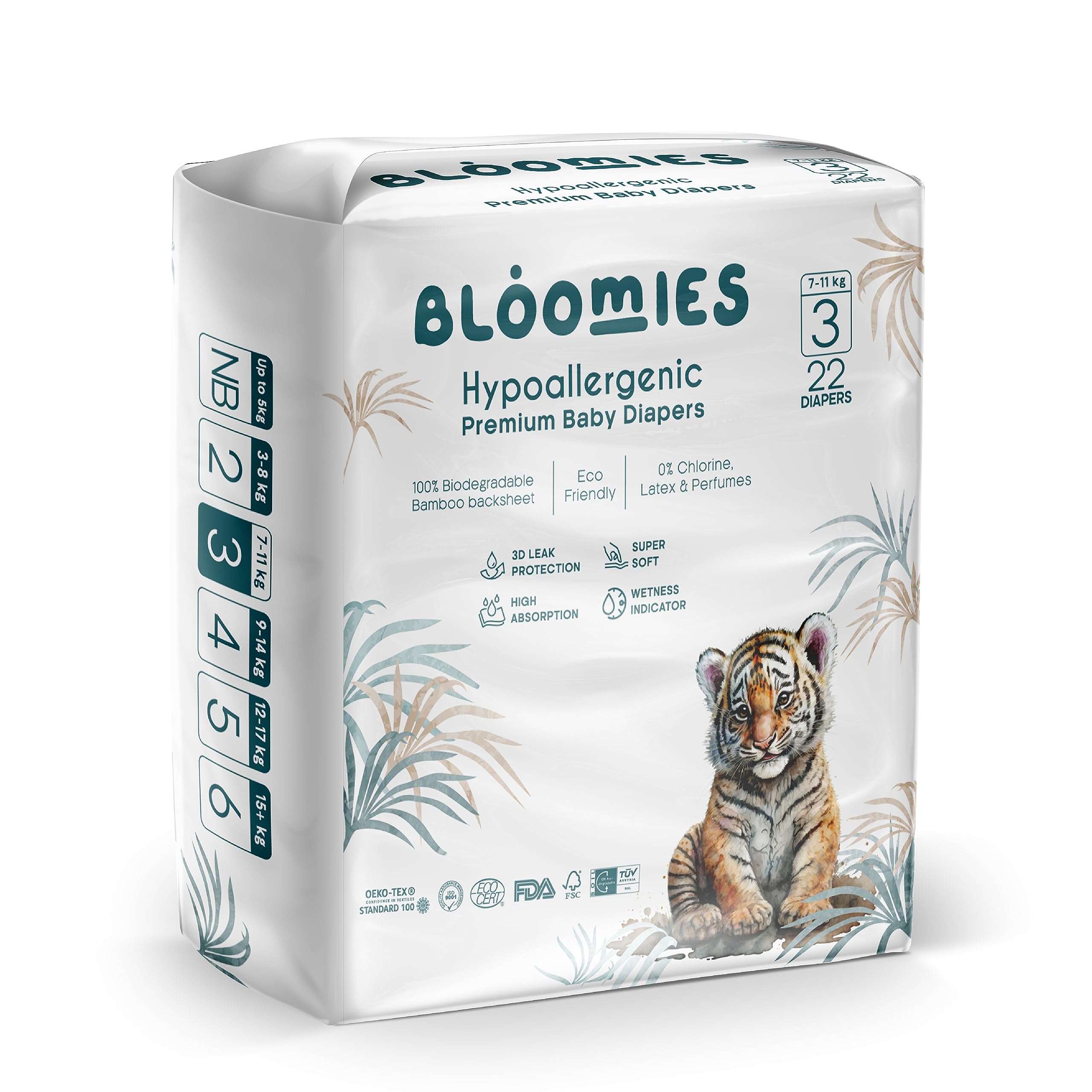 Bloomies Premium Baby Diapers Size 3, 7-11 kg, 22 Count, Wetness Indicator Eco-friendly and Hypoallergenic Ultra-soft Nappy Diaper Skin Friendly, Leakage Protection,100% Organic Natural Bamboo Made