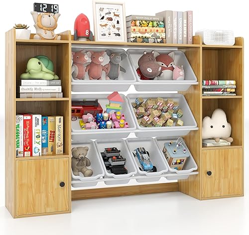 Miniatura 11 de Costzon Organizador de almacenamiento de juguetes para niños con 8 contenedores, estantería de madera para niños pequeños con estantes abiertos y