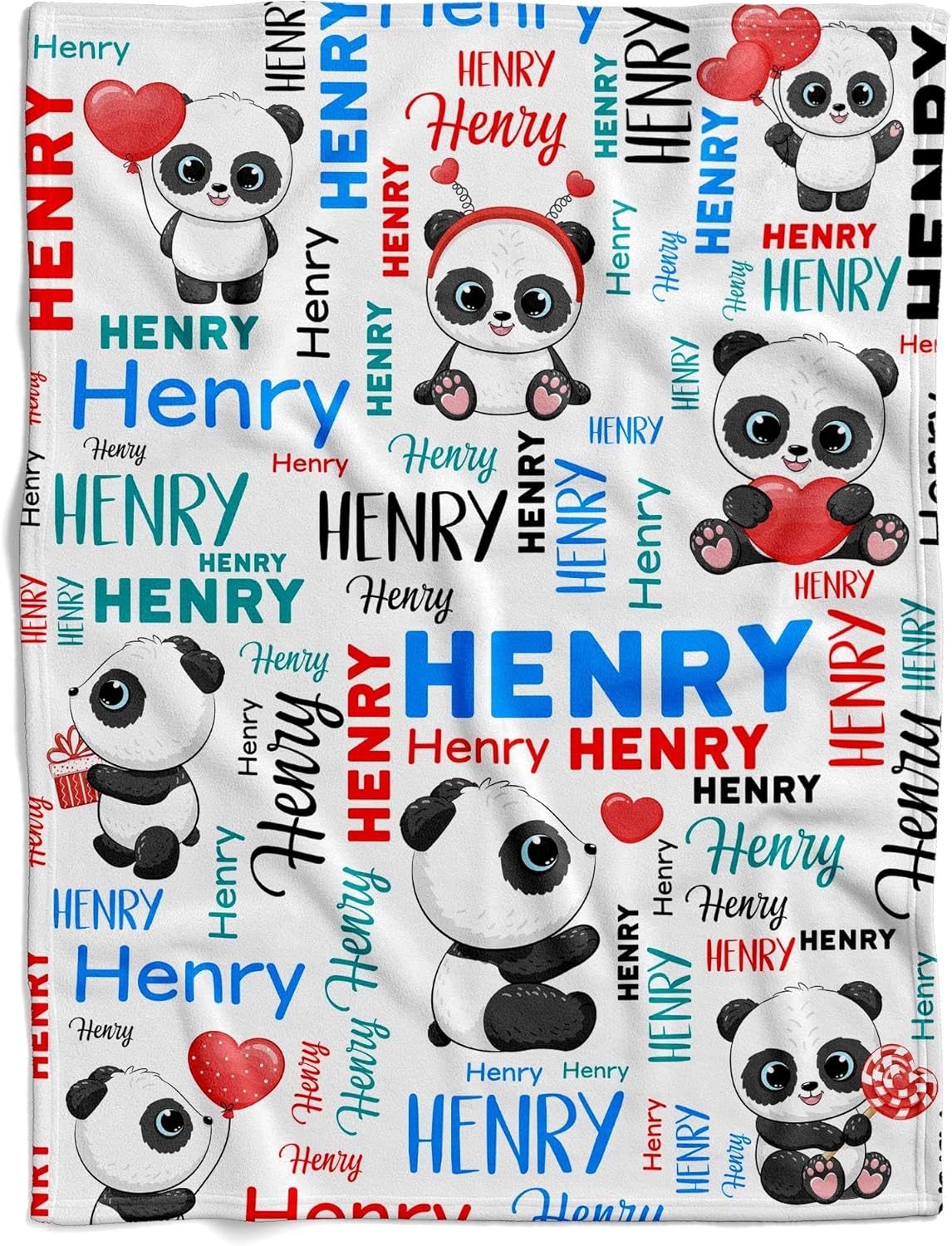 Personalized Adorable Panda Heart Baby Blanket, Adorable Panda Heart Custom Throw, Soft Plush Name Swaddle, Red & Blue Nursery Bedding, Cozy Fleece Newborn Gift, Unique Name Reveal Accessory