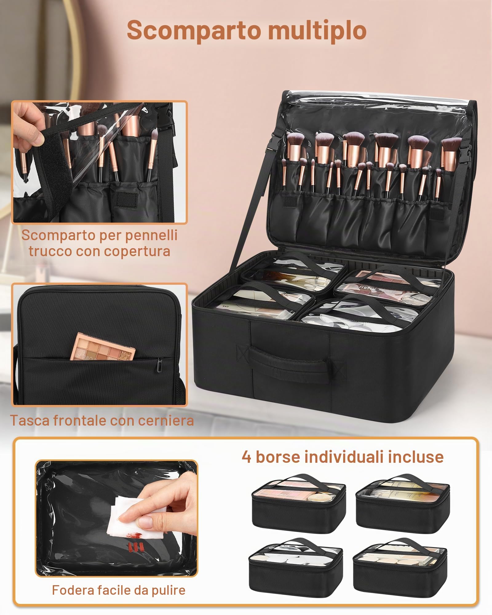 Relavel Set di valigie professionali da viaggio per trucchi – con 4 tasche trasparenti, scatola organizzatore con divisori per cosmetici, strumenti da parrucchiere e accessori per barbiere