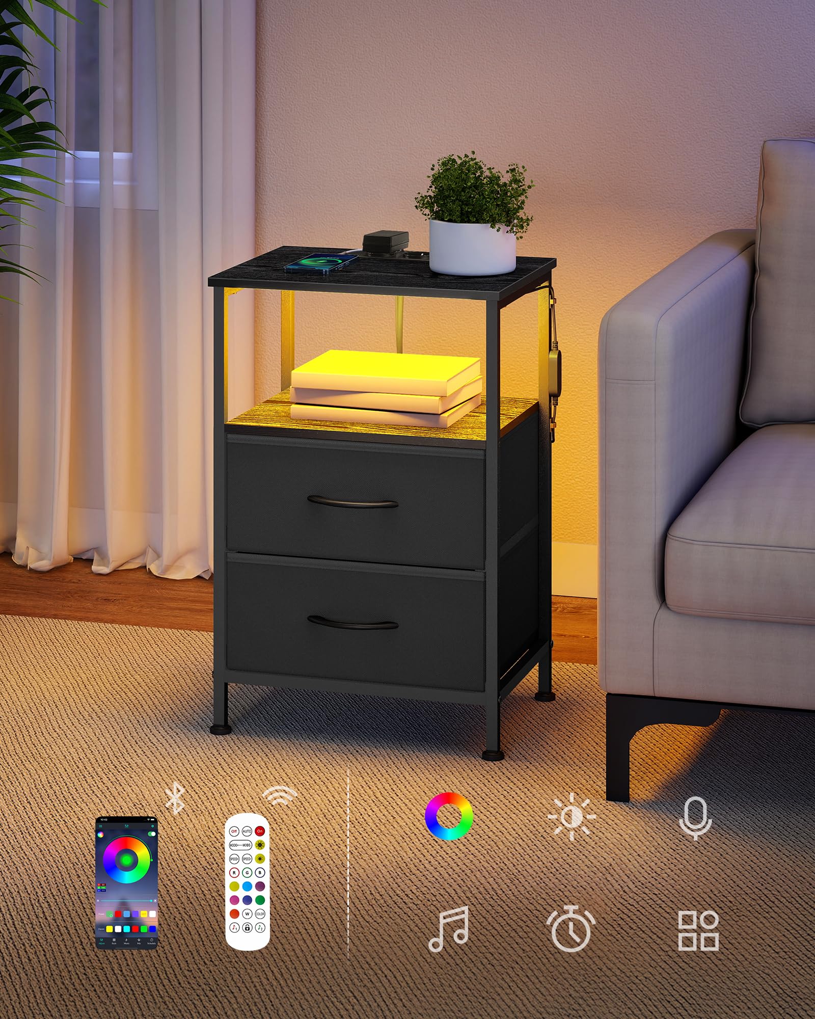 SONGMICS Szafka Nocna z Gniazdkami i Oświetleniem LED, 2 Szuflady | Stolik Boczny, 39,6 x 30 x 60,4 cm, do Sypialni, Salonu, czarny i hebanowy, Kolekcja BELLAH LGS302BH02