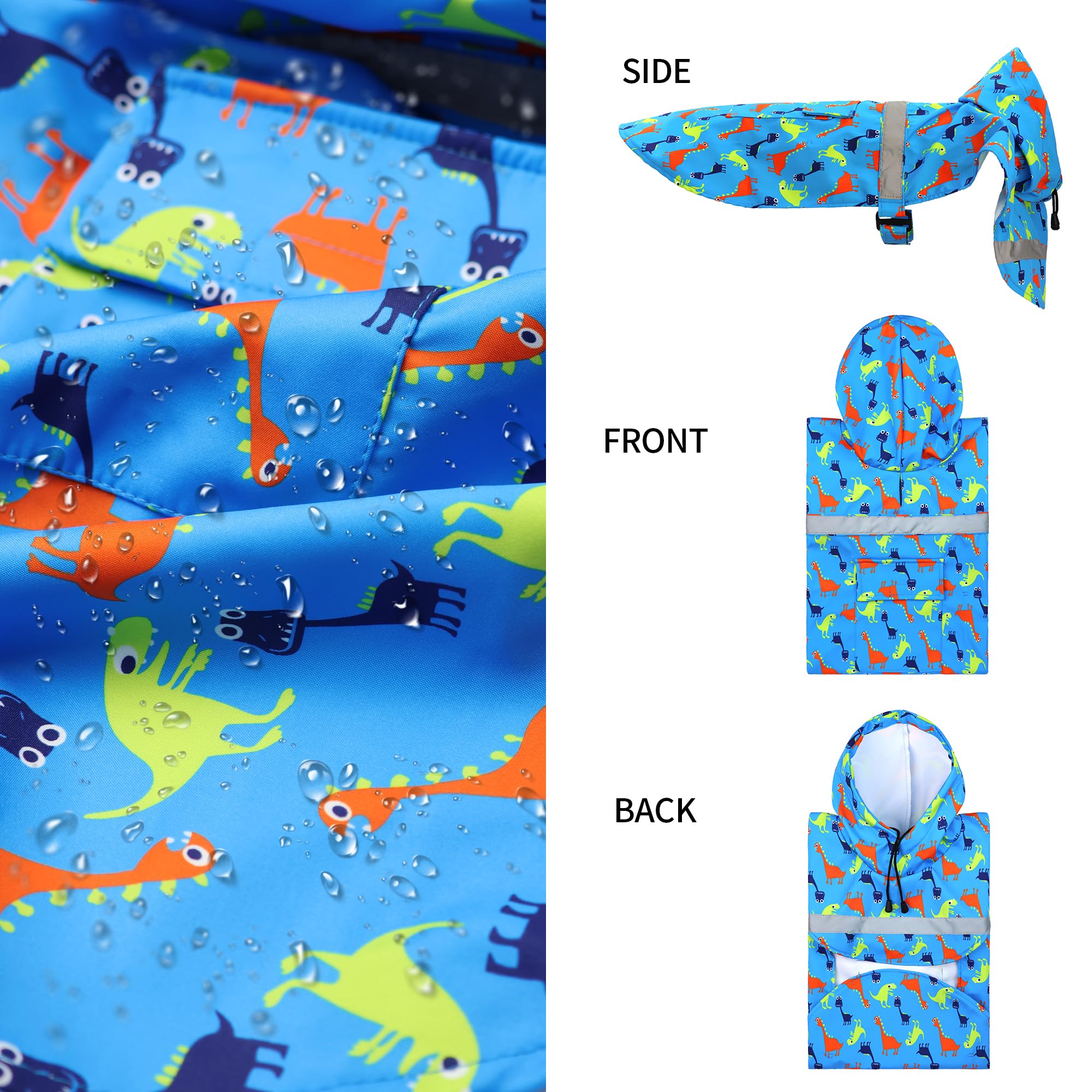 NACOCO Manteau de pluie réglable pour chien de grande taille, imperméable et léger, poncho à capuche avec bande réfléchissante bleu (taille M, dinosaure bleu)