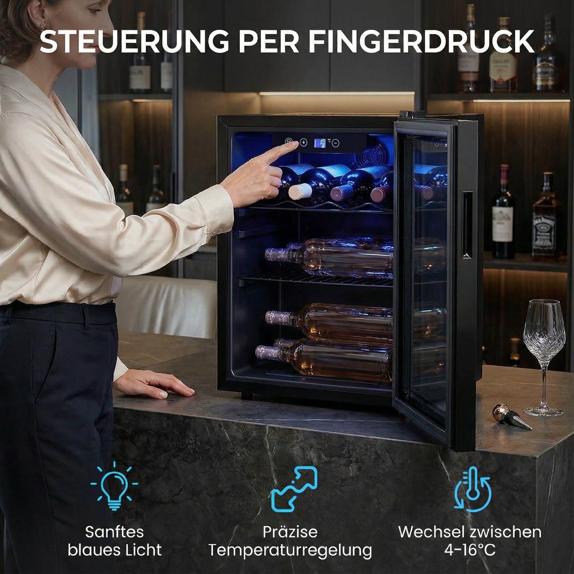 HOMCOM Nevera para vino (16 botellas, 48 L), color negro | Frigorífico para bebidas, 4-16 °C, puerta de doble cristal, iluminación LED, pantalla LED, Wine Fridge