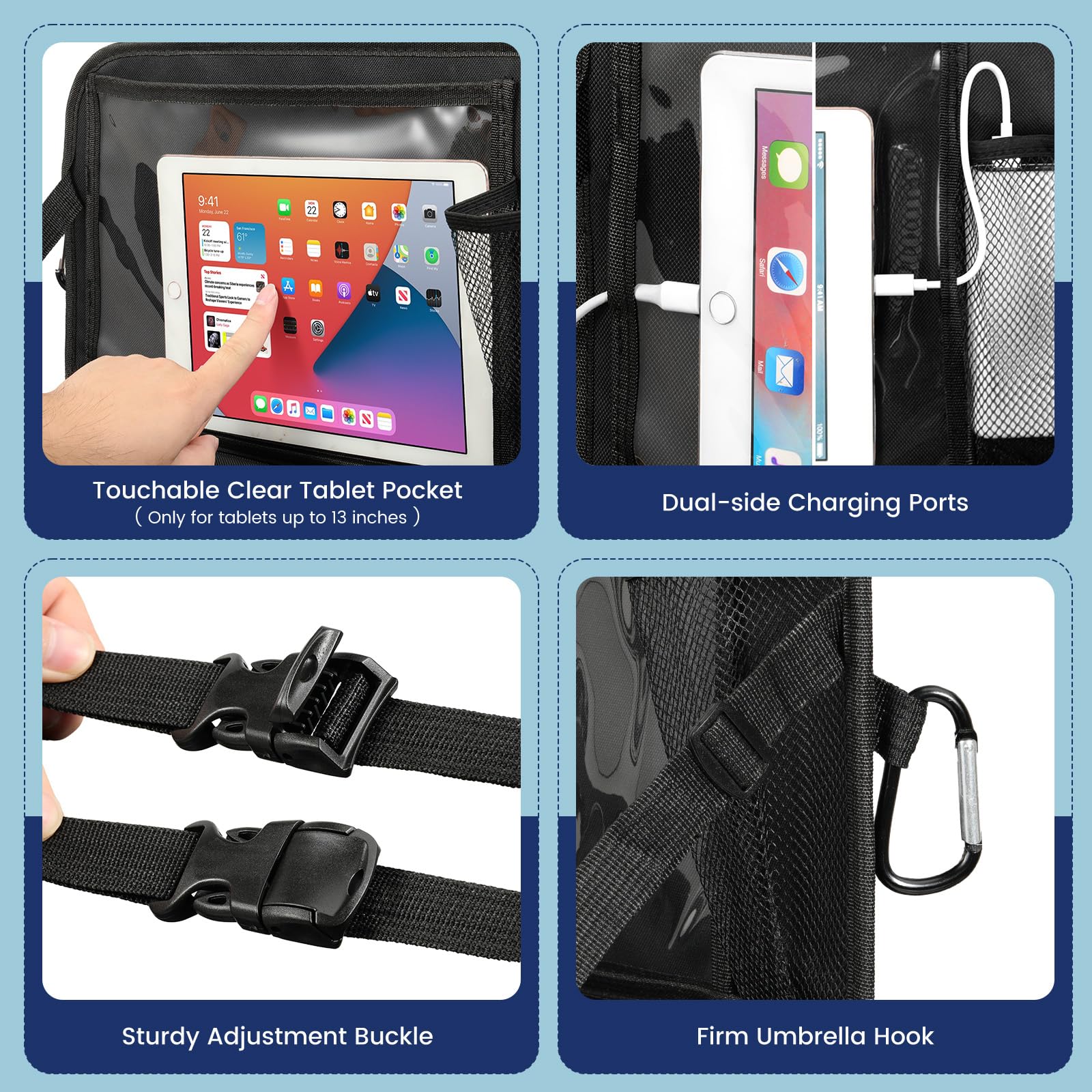 MoKo Auto-Organizer für den Rücksitz, Autositzschutz mit Klappbarer Ablage und 8 Taschen, Transparentes Fach für Tablets auf Autofahrten, 600D-Oxford-Gewebe, 2 Pack, Schwarz