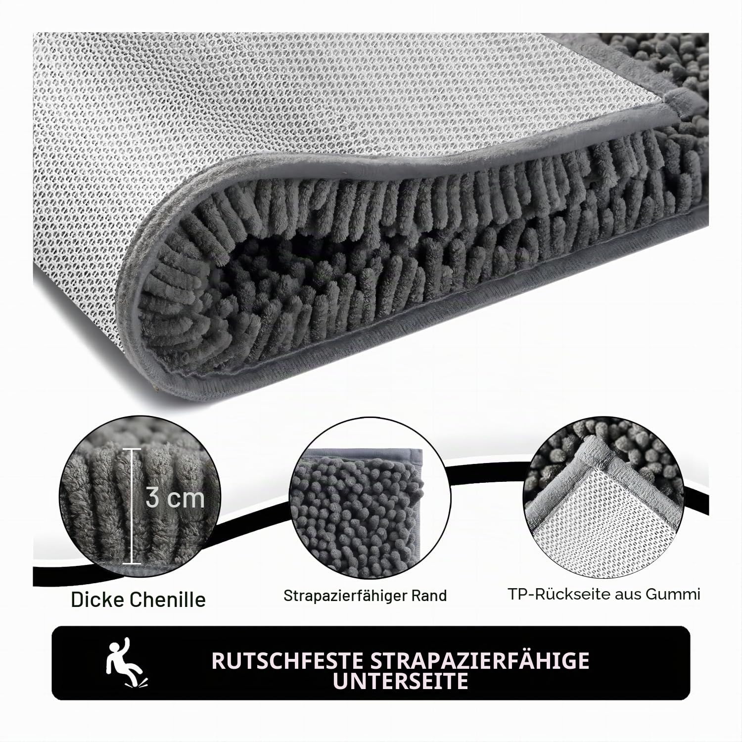 Saugfähige Chenille Fußmatte für den, rutschfeste Badematte, schlammiger Hund, waschbare Matte, schnell trocknende 60x150cm Grau