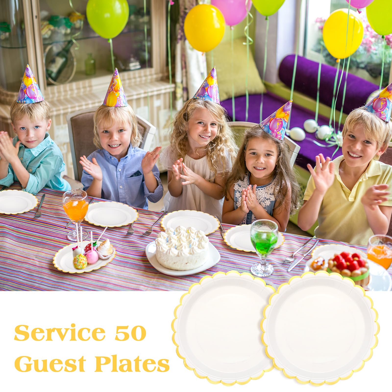 Maxcheck 50 Stück weiße gewellte Pappteller mit Goldfolie, 22,9 cm, Einweg-Pappteller für Kuchen, Dessert, Geburtstag, Babyparty, Hochzeit, Teeparty, Zubehör