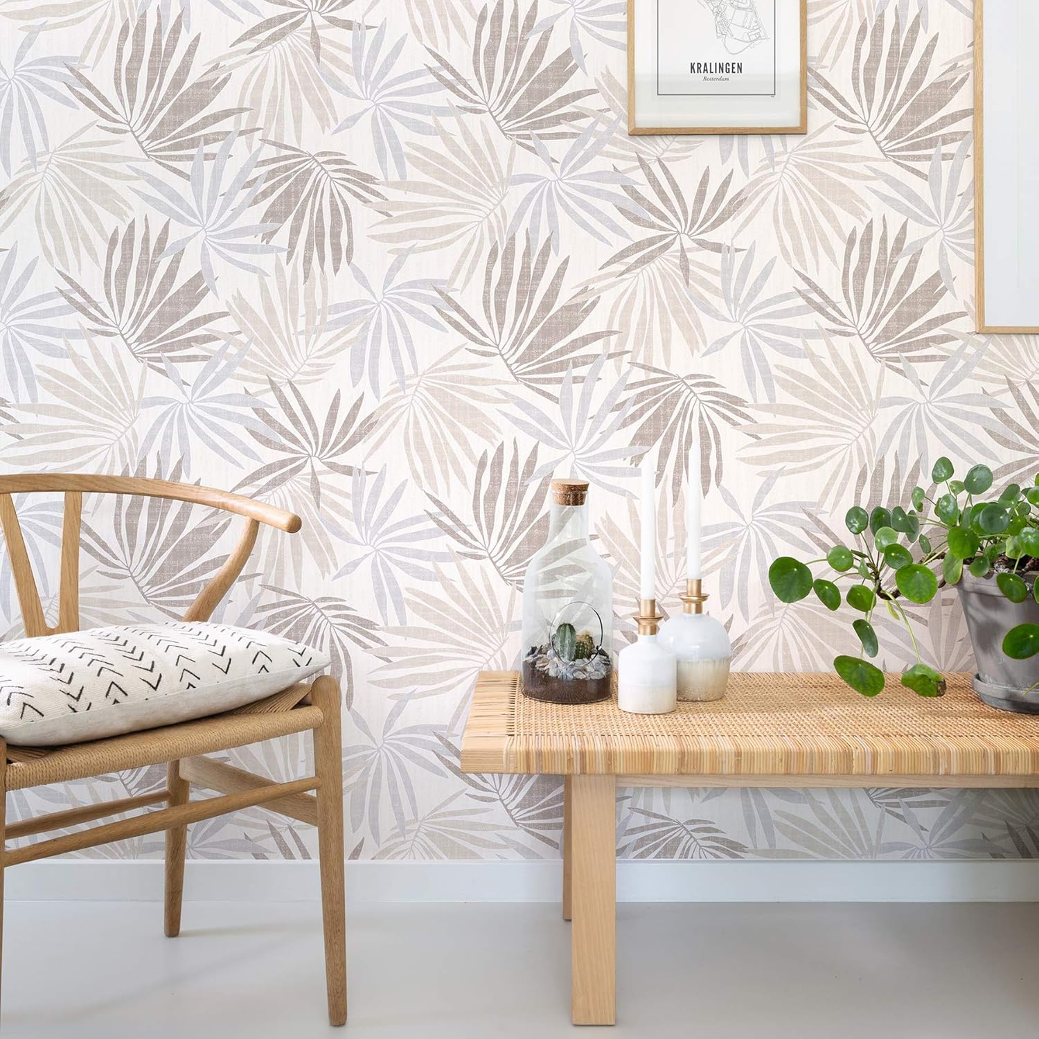 Rasch paperhangings Khmunu Neutral Palm Leaf Wallpaper