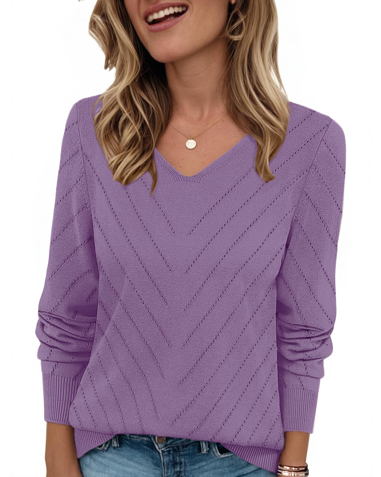 Womens V-Neck Lightweight Pullover Sweaters Knit Long Sleeve Tops Soft Sweater Casual Fall Winter Fashion Outfits
