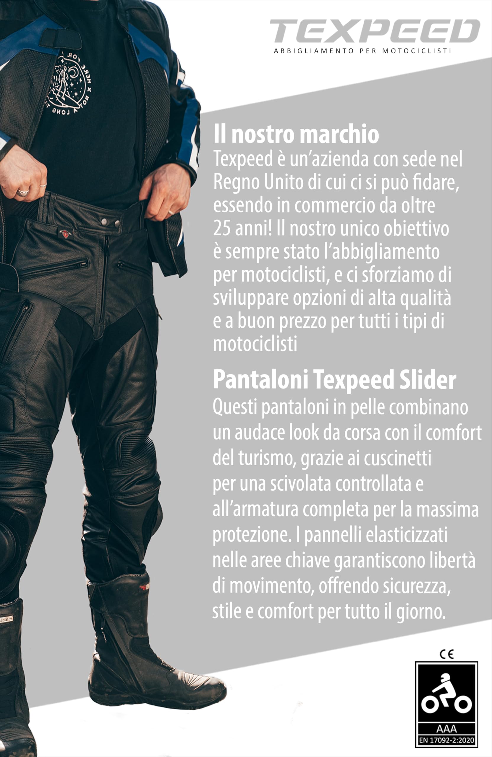 Texpeed – pantaloni da moto in pelle per uomo con protezioni – nero – pelle pieno fiore con sliders, protezioni EN 1621-1 - L Girovita/Gamba Lunga