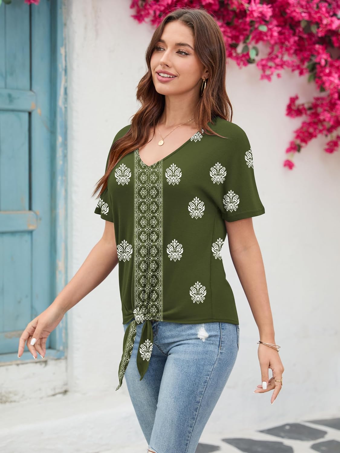 Women's Summer Tops Trendy V Neck Tie Front T-Shirt Casual Short Sleeve Loose Fit Top Blouses - Image 4