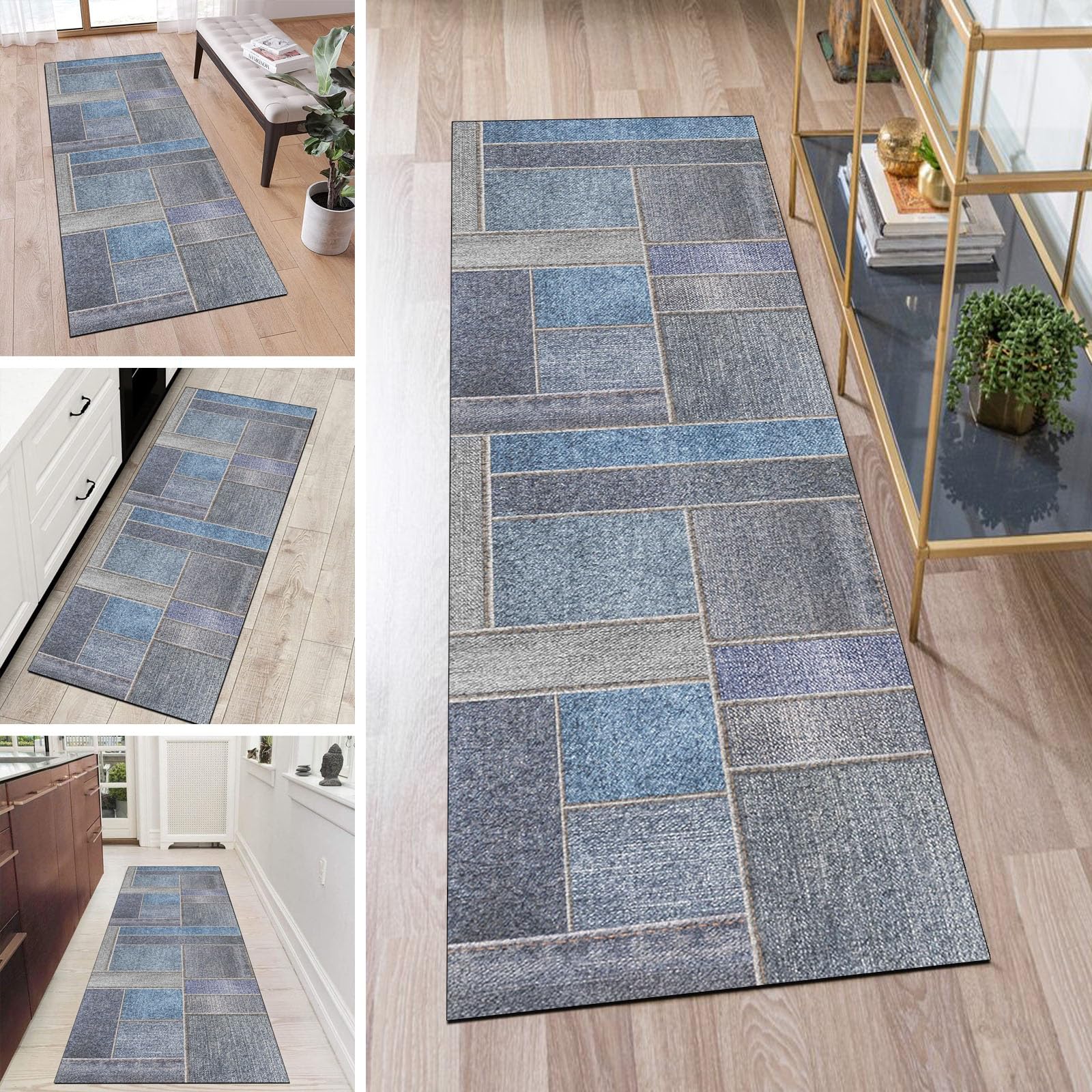 Patchwork tapijtloper, antislip, tapijtloper voor hal grijs en