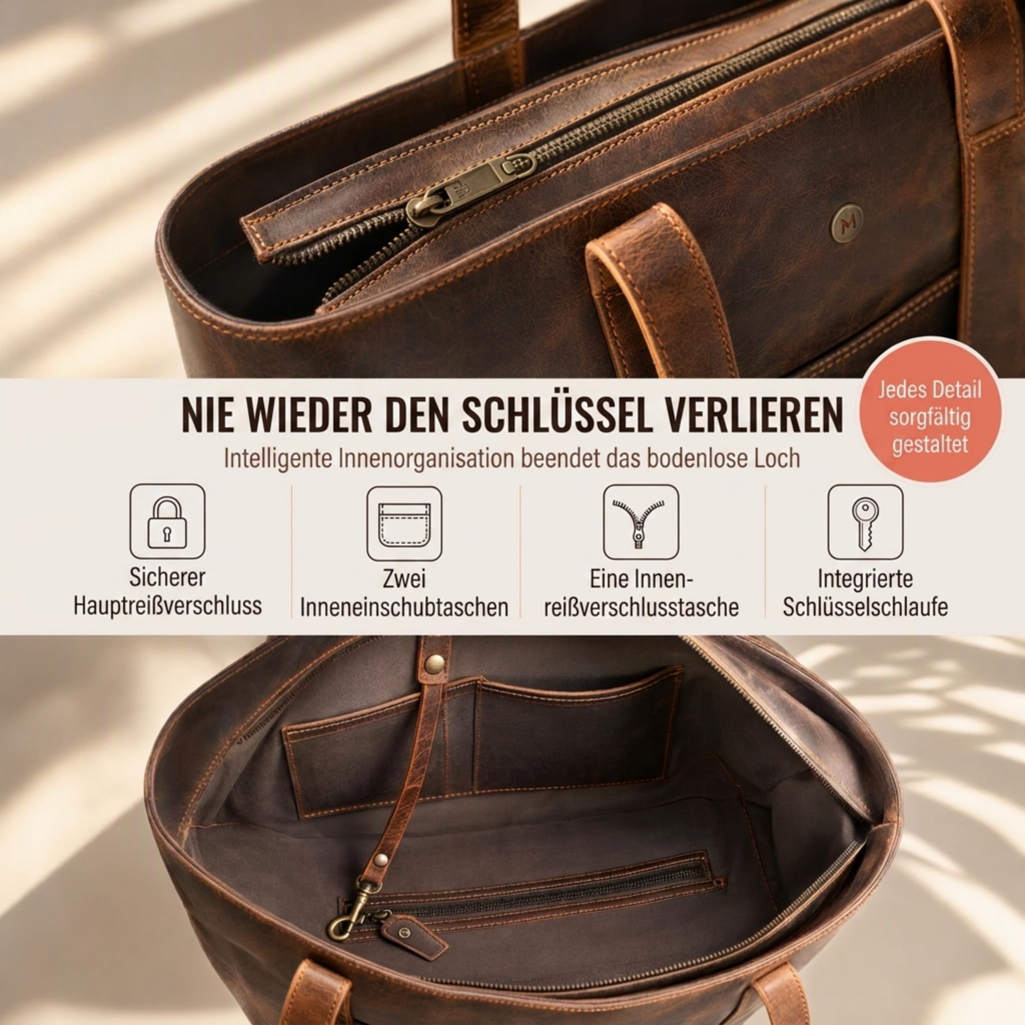 moonster Handtasche Damen Tote Bag 100% Naturleder – Langlebige Tasche Damen aus Büffelleder – Leder Shopper Damen Groß mit Polybaumwollfutter & Messingbeschlägen – Ledertasche Damen-Shopper
