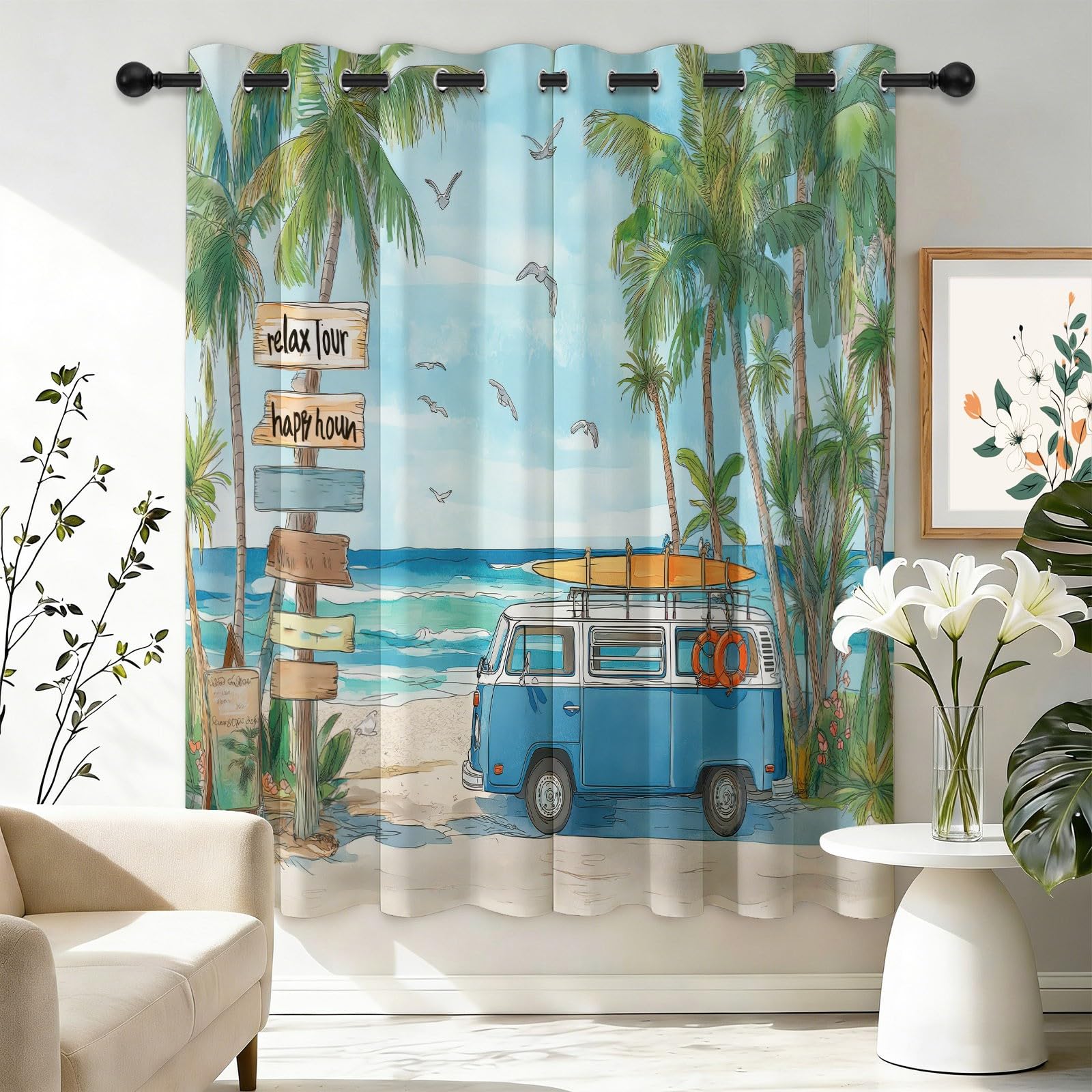 Thermal Insulated Energy Saving Blackout Drapes W 46" x L 72" (2 Panels), Playful Vintage Campervan & Surfboard Pattern, Fade-Resistant Finish for Boys Room, Light Blue