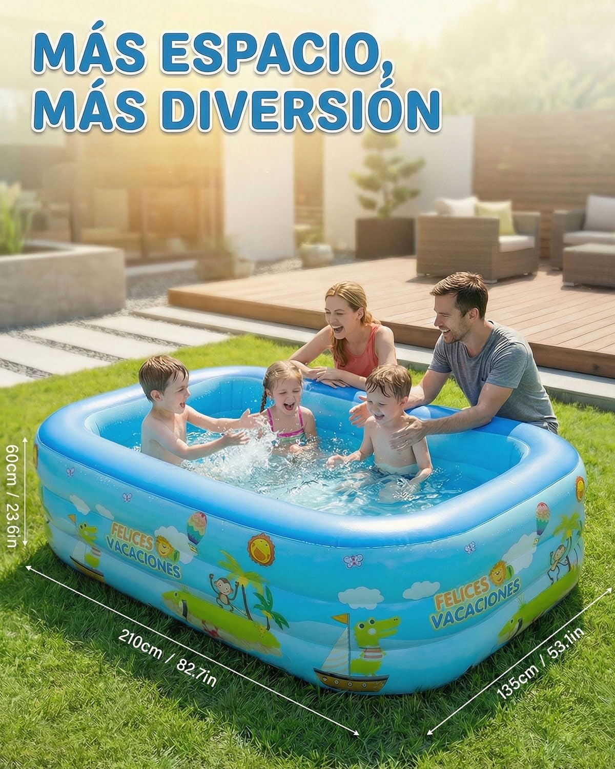 Piscinas Hinchables para Jardín y Patio, Piscina Rectangular de PVC de 3 Capas 210 x 135 x 60 cm, Gran Espacio para Verano y Tiempo Libre, Piscina Hinchable de Uso Familiar