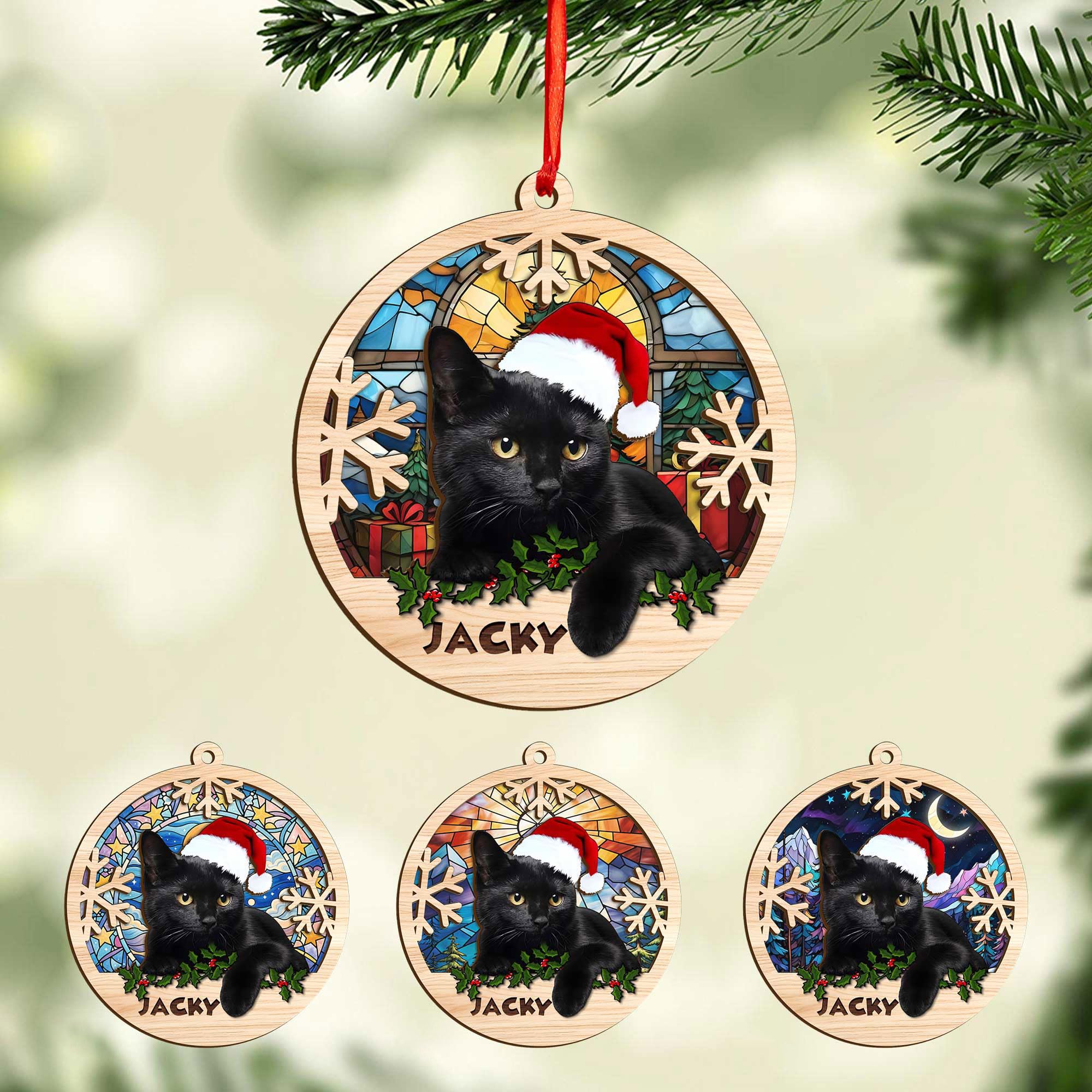 Personalized Black Cat Christmas Ornament - Custom Ceramic Pet Lover Gift With Berry Branch