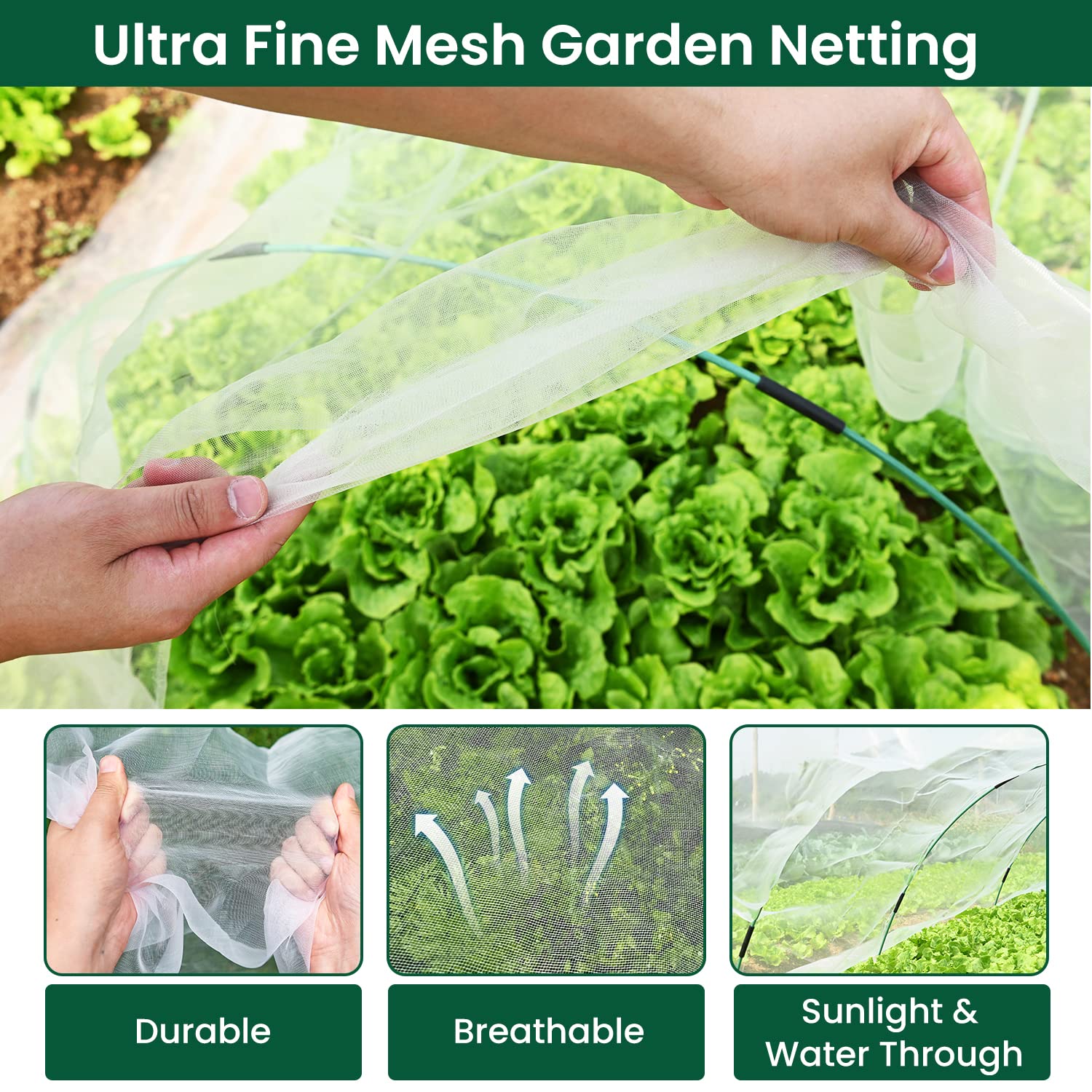 Kesfitt Garden Netting Kit,10x33FT Ultra Fine Mesh Bird Netting for Garden Protection with 10PCS Hoops & 15PCS Stakes & 36PCS Clips,Insect Netting Pest Barrier Row Cover for Vegetable Fruits Flowers