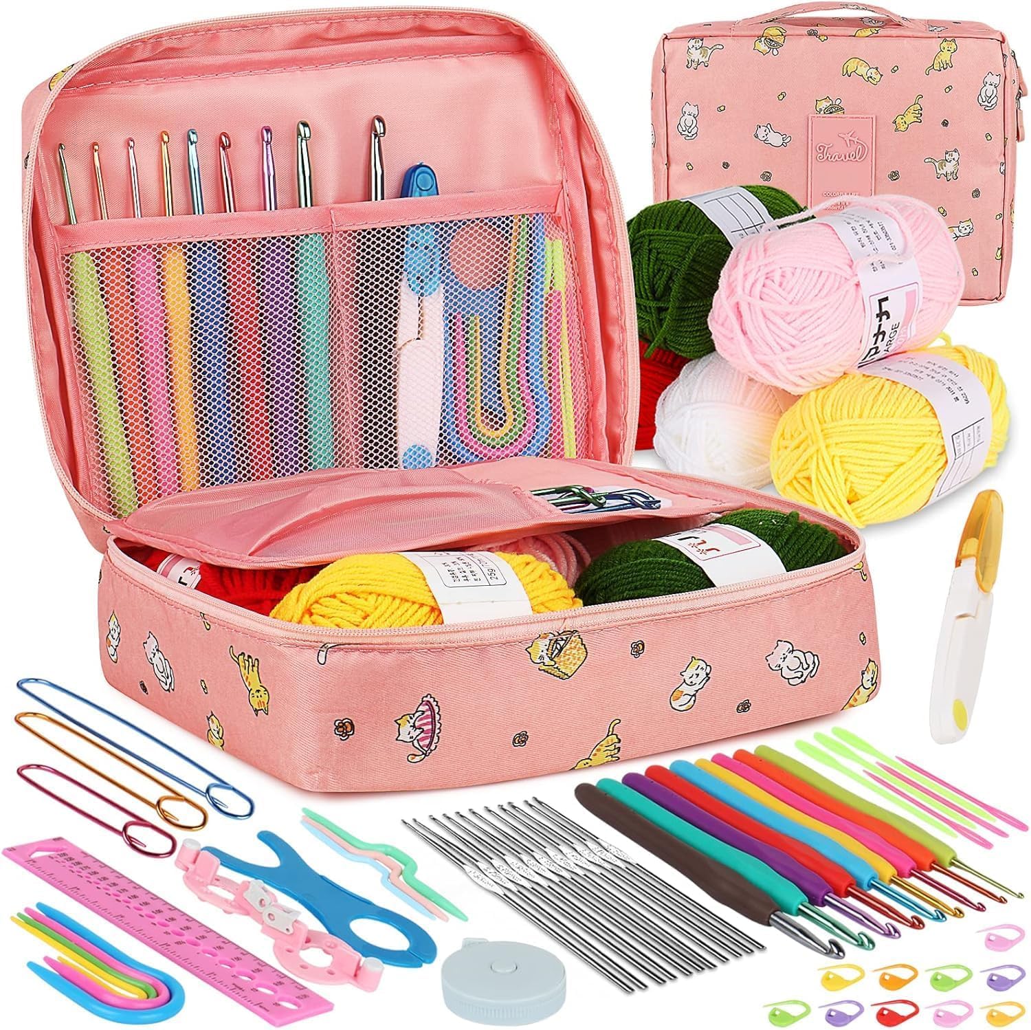WOLBLIX 59 Pcs Starter Kit for Beginners Kids Crochet Kit for Beginner Adults Crochet Kit Include 5 Yarn Crochet Hooks Stitch Markers Storage Bag All in One Crochet Hook Set with Crochet Yarn-image-42