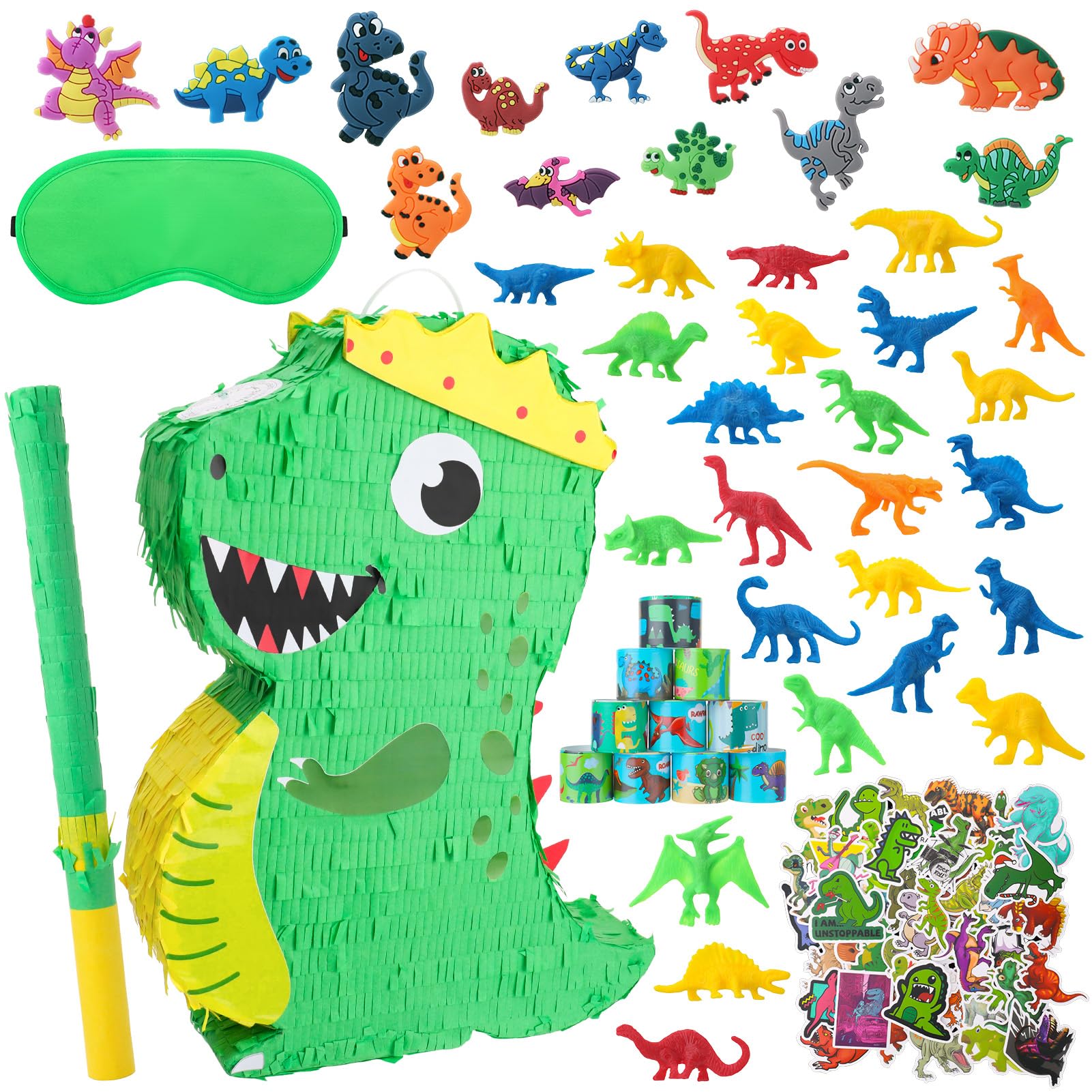 Dinosaurier Pinata Set Dino Pinjata Mit 24 Dino-Figuren, 12 Armbländern, Aufklebern & 12 Ringen, Inkl. Schlagstock & Augenbinde Für Dino Geburtstag, Schulanfang, Party