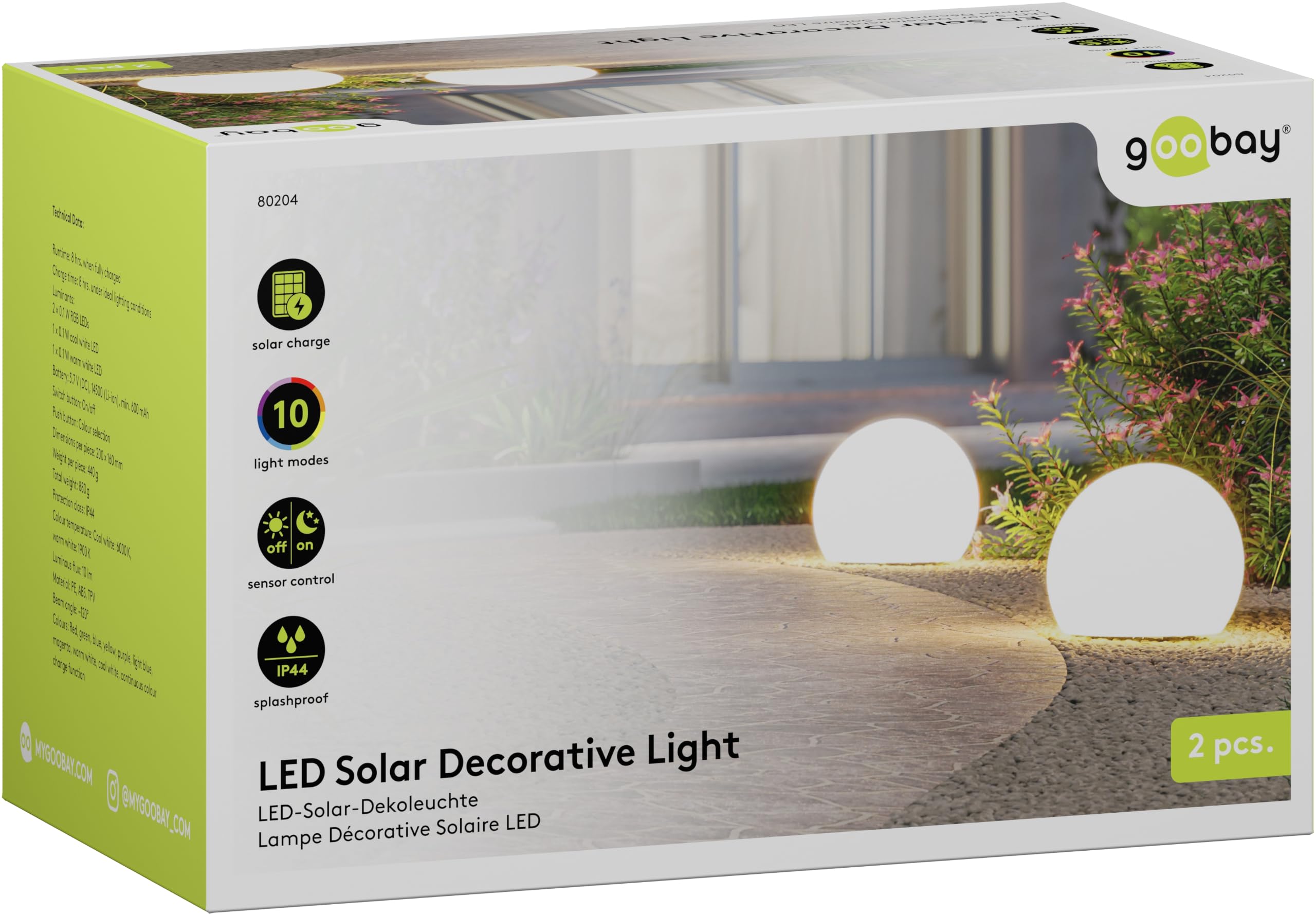 goobay Zestaw 2 x solarnych kulek LED 20 cm - RGB do użytku na zewnątrz, odporna na warunki atmosferyczne, dekoracyjna lampa solarna na taras, balkon, do ogrodu, 10 trybów oświetlenia i szpikulec