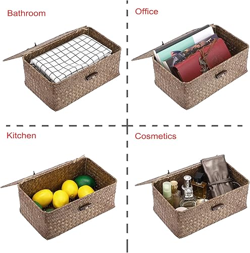 Miniatura 4 de Hipiwe Cestas de mimbre con tapa, canastas de hierba marina tejidas a mano, cestas rectangulares para el hogar, estantes y armarios, organizador del