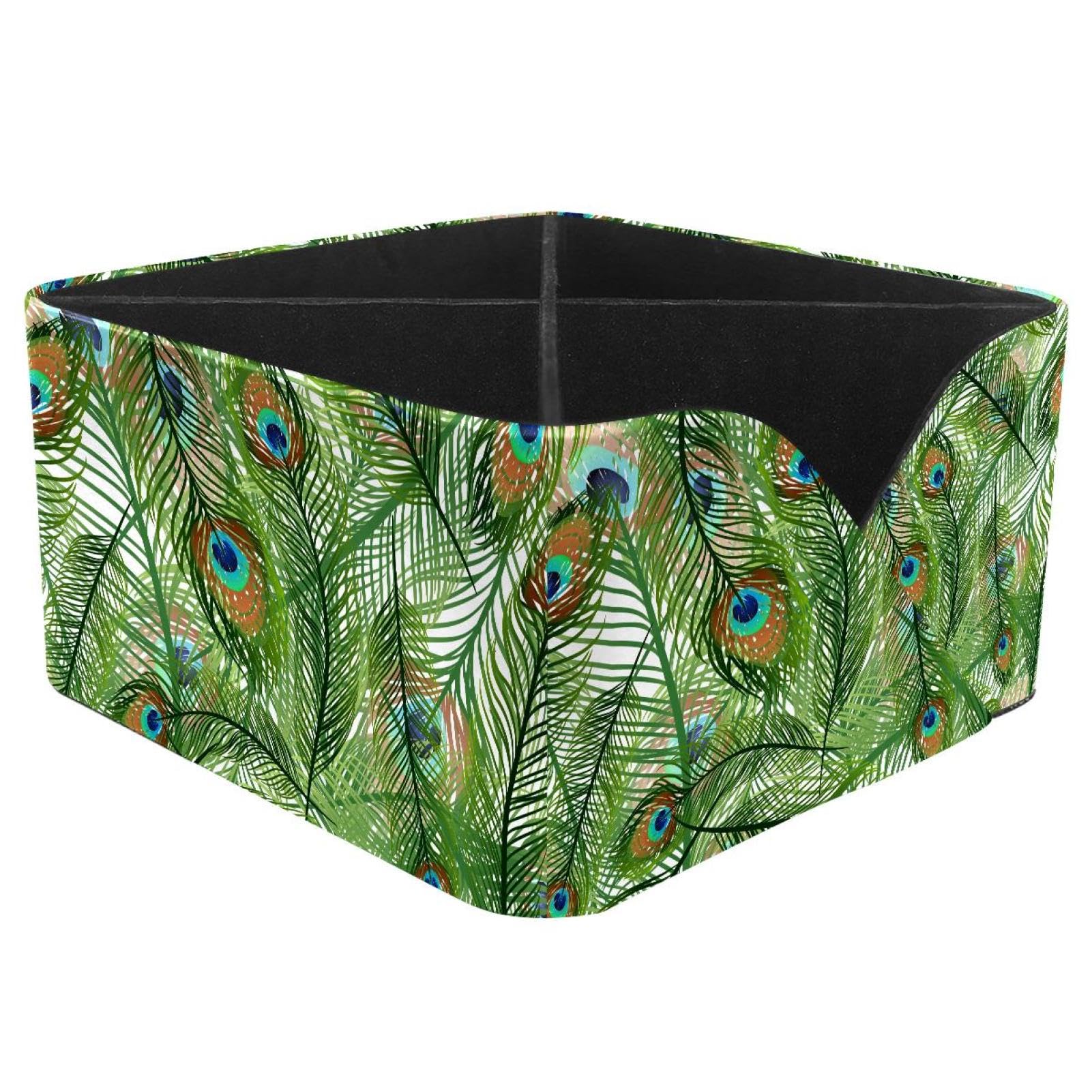 KengjuTesu Peacock Feathers Desktop Organizer Pen Holder, Rectangular Pencil Cup for Office, Study and Makeup Stations