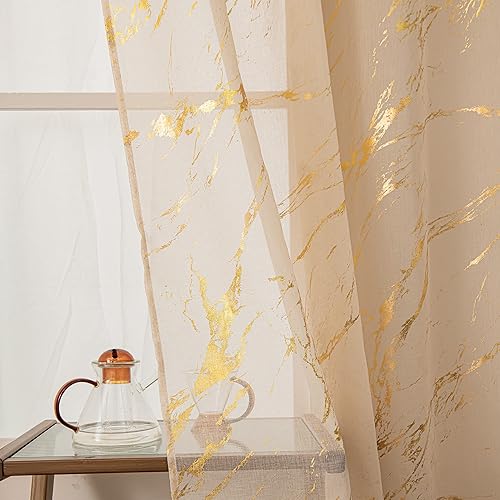 Miniatura 11 de Cortinas Transparentes de Mármol Blanco Dorado 2 Paneles para Dormitorio Sala de Estar, Dorado Metálico 84 Pulgadas de Largo, Bolsillo para Barra