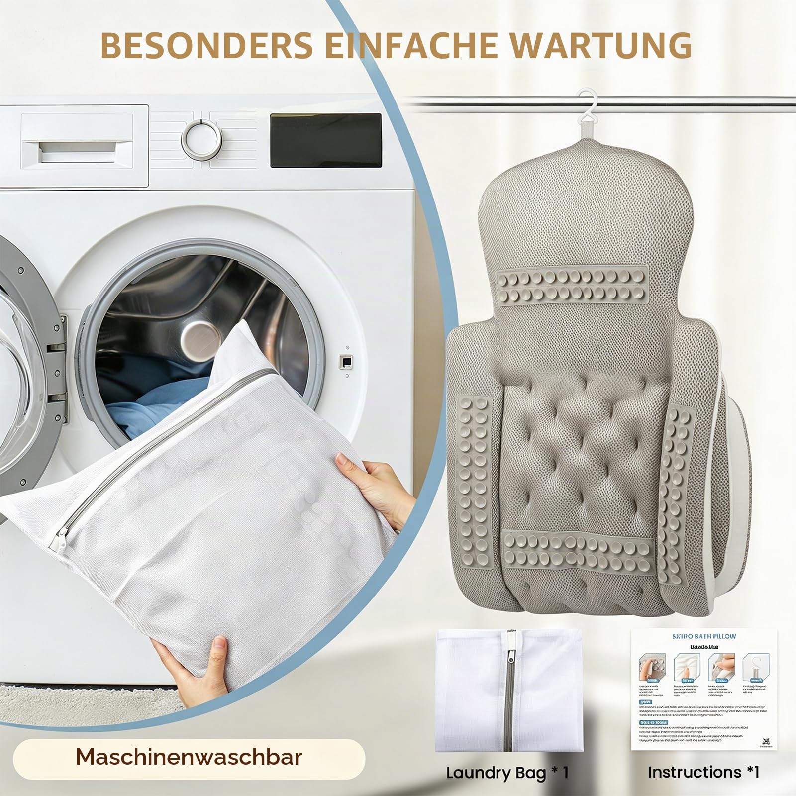 Badewannenkissen Ganzkörper Badekissen, Dickes Badewannenkissen mit Wäschesack, luxuriöses Kissen für Badewanne Kopfstütze Nacken Schulter Unterstützung Entspannung Spa Zubehör (Weiß, 129,5 x 40,6 cm)