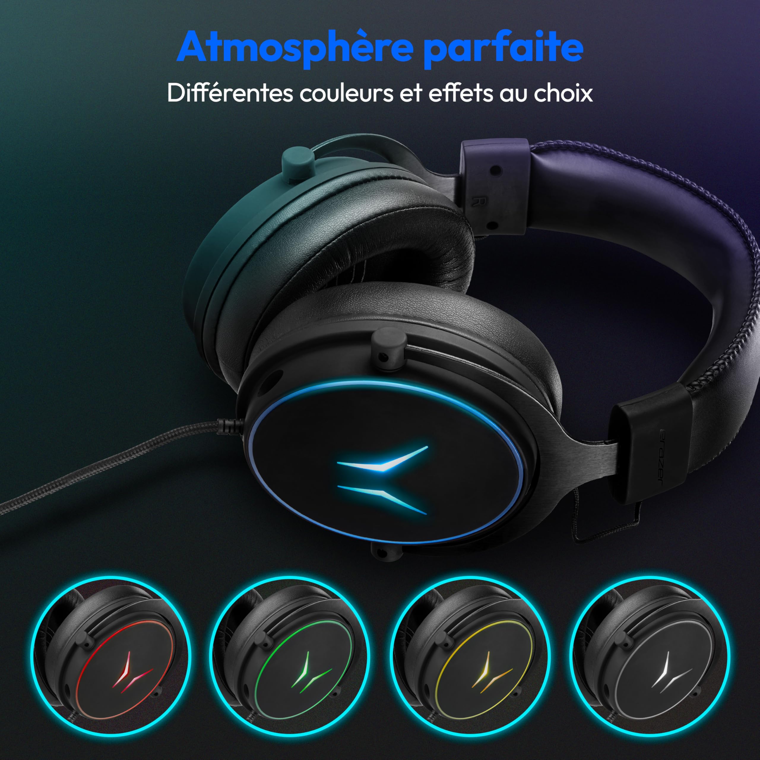 MEDION ERAZER Mage P20 Gaming Headset (câble de 240cm, Supra-auriculaire, Microphone Flexible & Amovible, télécommande, éclairage RGB, Audio 3,5mm, USB, ES9260Q Soundchip)