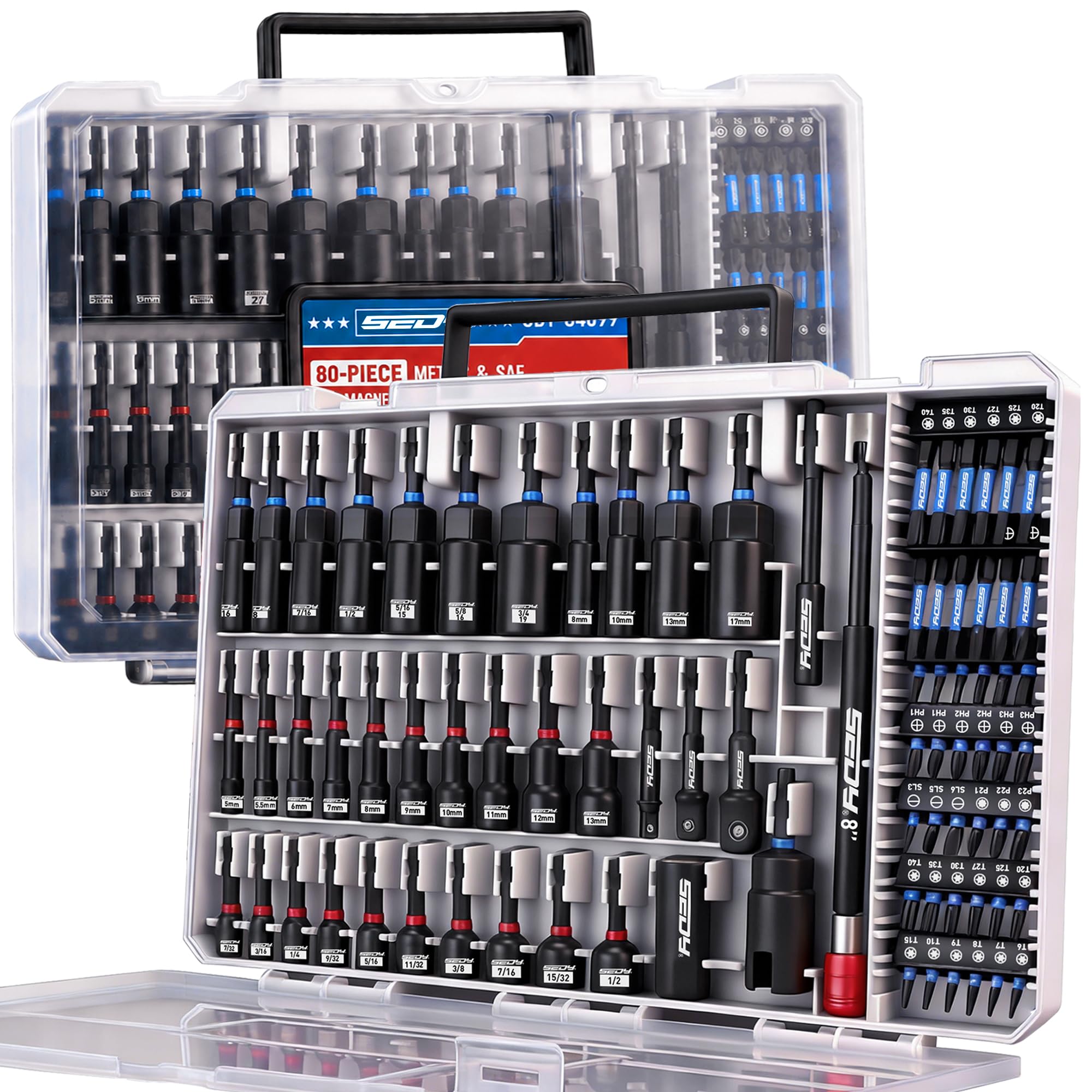 80-Piece Premium Magnetic Impact Nut Driver Set Metric & SAE with Socket Adapters, Bit Holder, Wing Nut Driver, Universal Sockets, Quick Release Extension, Power Bits