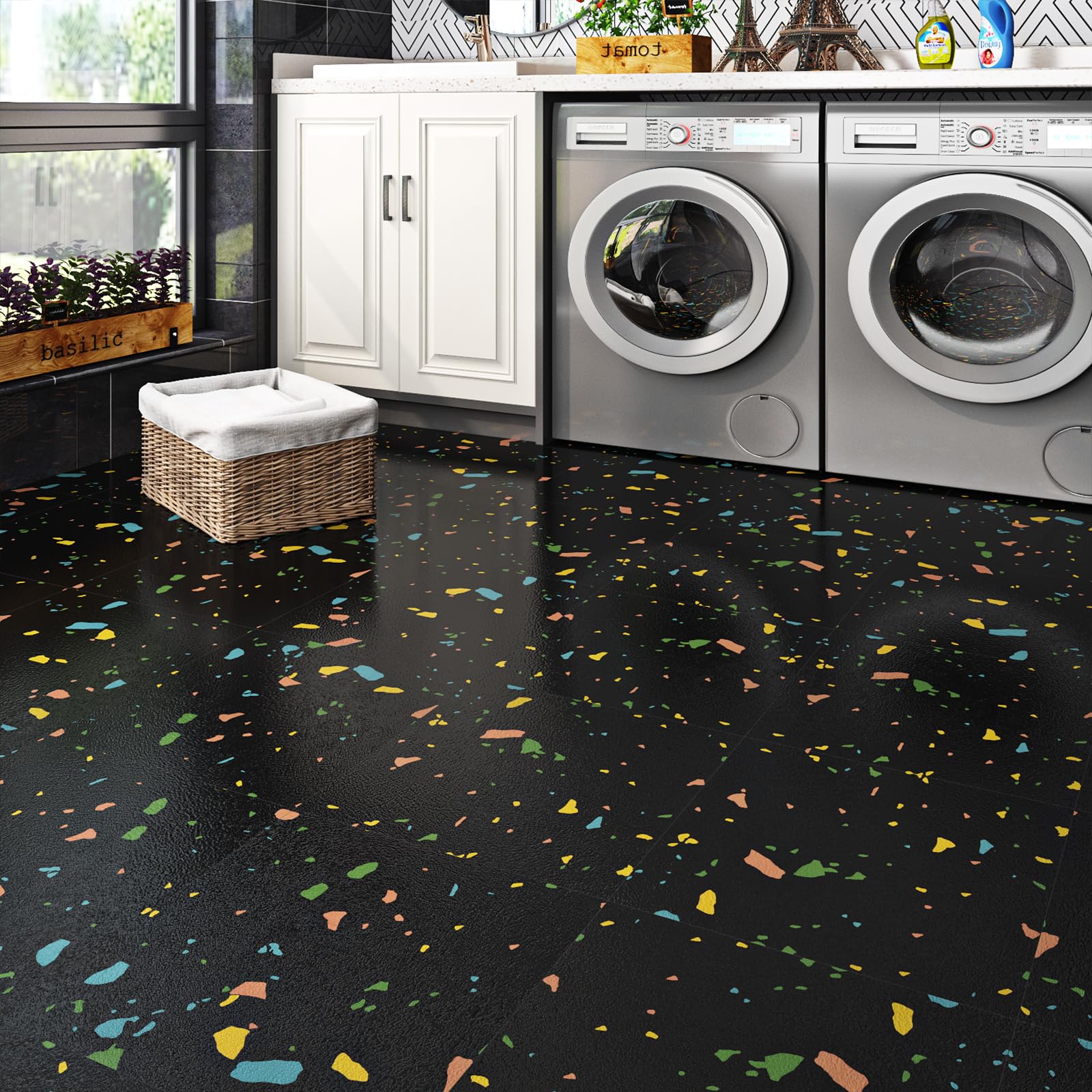 Livelynine Vinilo Adhesivo Suelo Baño Impermeable Negro Terrazo Suelo Vinilo Autoadhesivo Cocina Baldosas Adhesivas Suelos PVC 30x30CM 32-Baldosas Losetas Vinili para Suelos Oscuro Dormitorio Granito