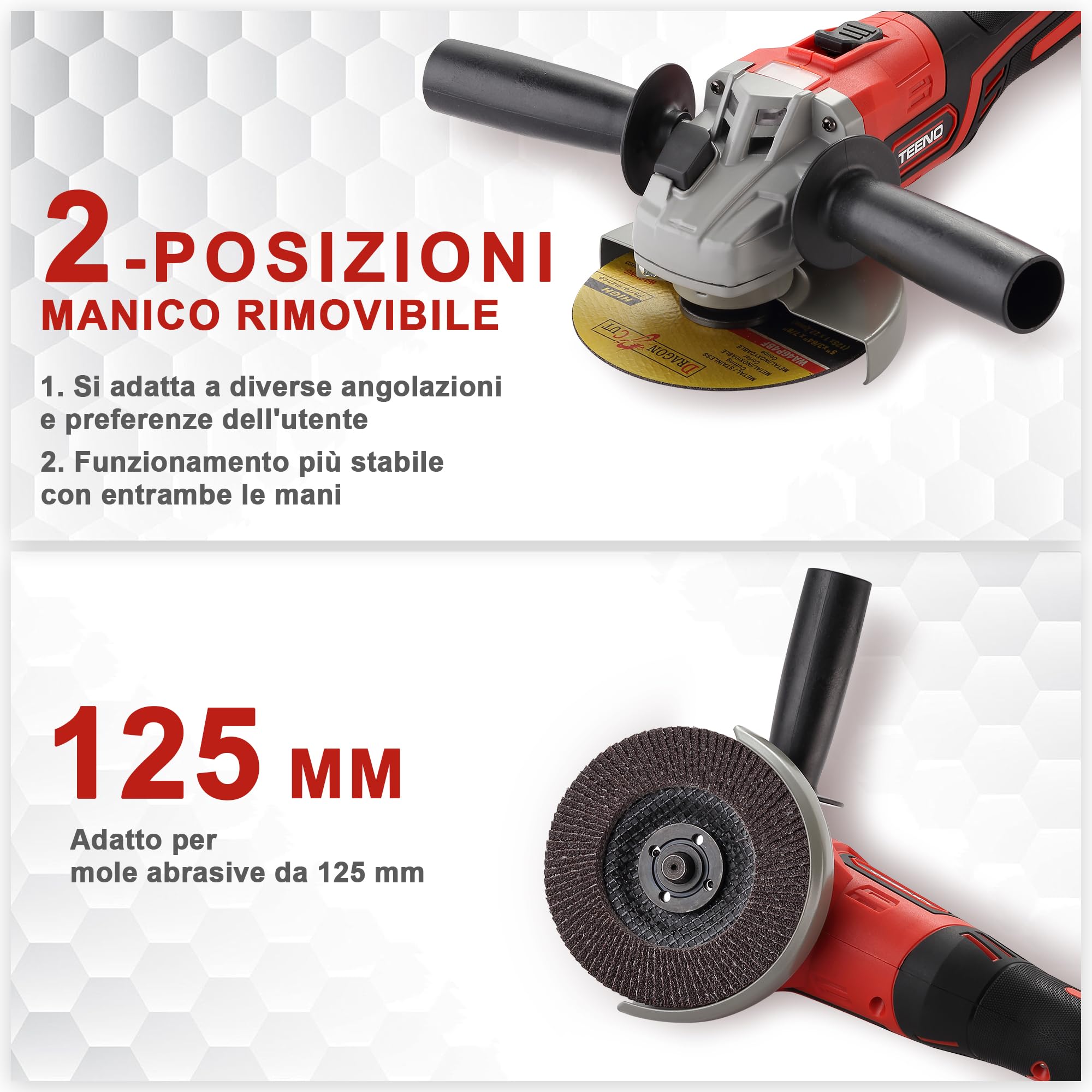TEENO Smerigliatrice a Batteria 9100 RPM丨21V丨1000W Motore Brushless | 1000W丨dotata di 2 batterie da 4.0Ah丨velocità di rotazione 9100tr/min丨con valigetta porta attrezzi inclusa