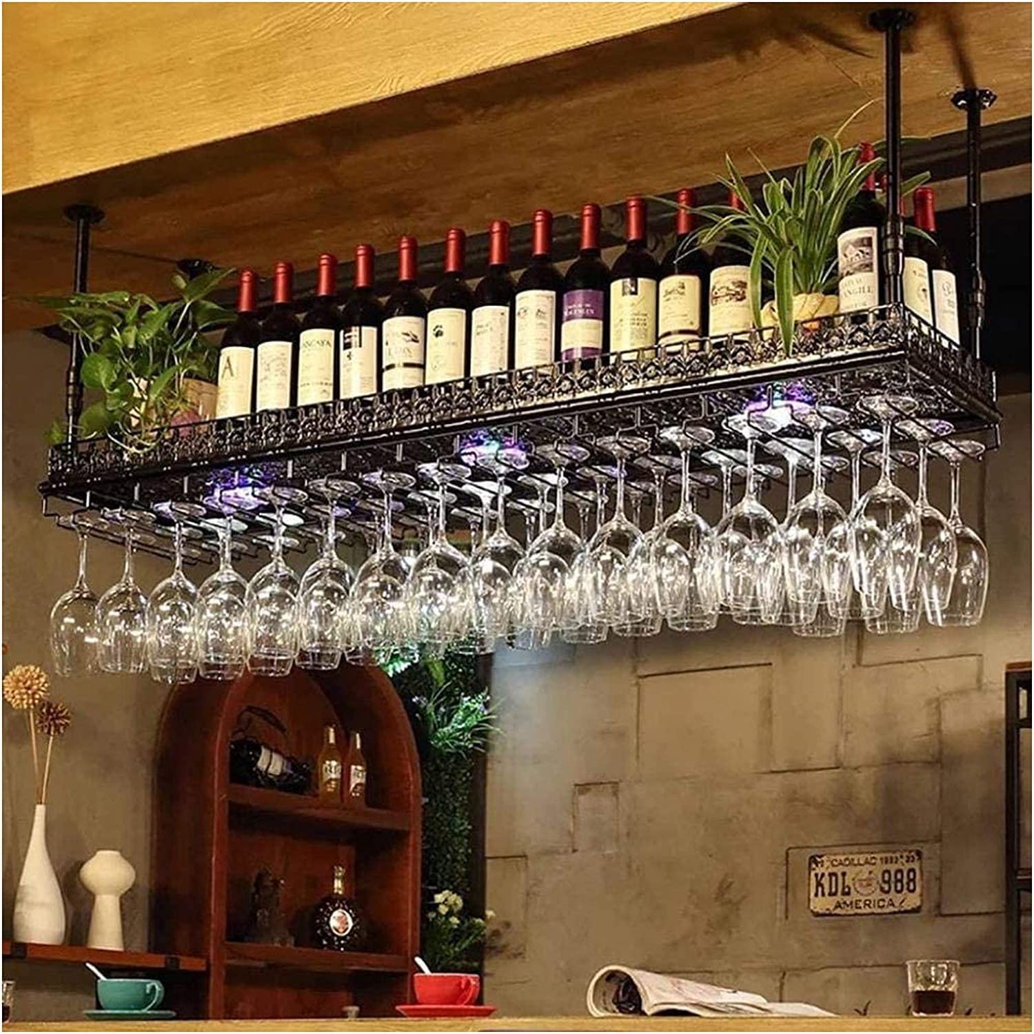 Étagère murale à vin bouteilles verres rangement double couche réglable