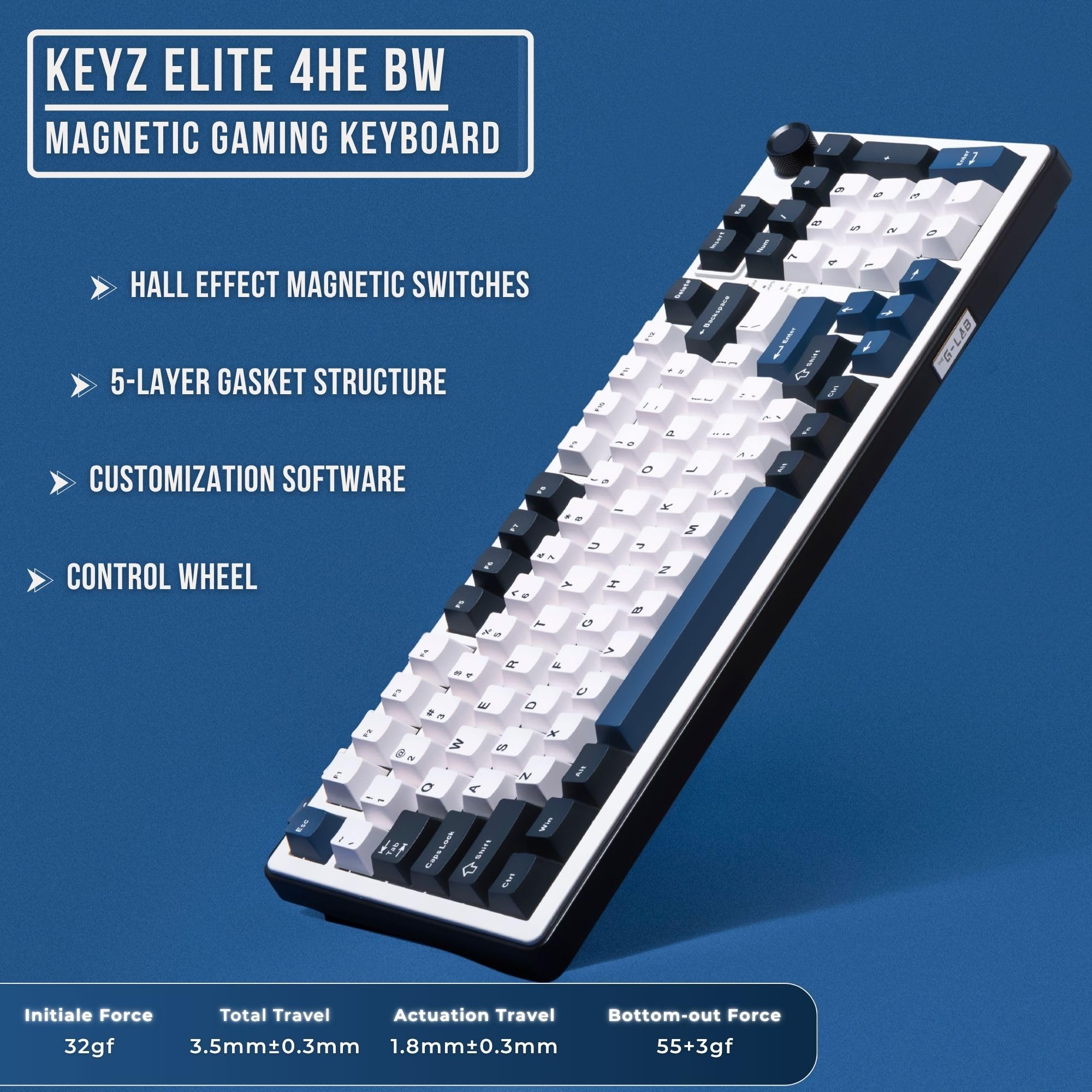 The G-Lab - KEYZ Elite 400 HE BW - Magnetyczna Klawiatura Gamingowa Hall Effect 96% QWERTY US, Przewodowa USB, 8000 Hz Rapid Trigger, Regulowana Aktywacja 0,01 mm, PBT Hot-Swap, RGB i Makra - Win/Mac