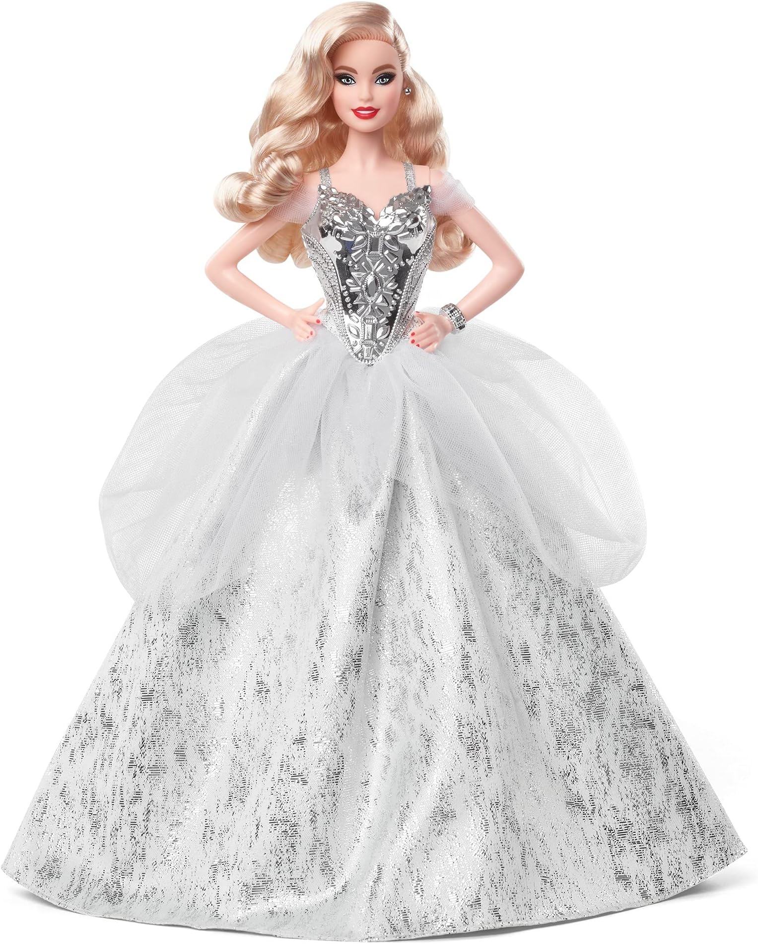 Signature 2021 Holiday Doll (12-inch, Blonde Wavy Hair) in Silver Gown, with Doll Stand and Certificate of Authenticity, Gift for 6 Year Olds and Up
