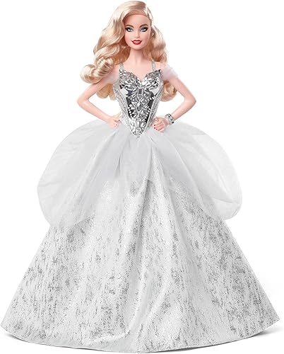 Barbie Signature - Muñeca festiva 2021 12 pulgadas cabello rubio ondulado en vestido plateado con soporte para muñeca y certificado de autenticidad