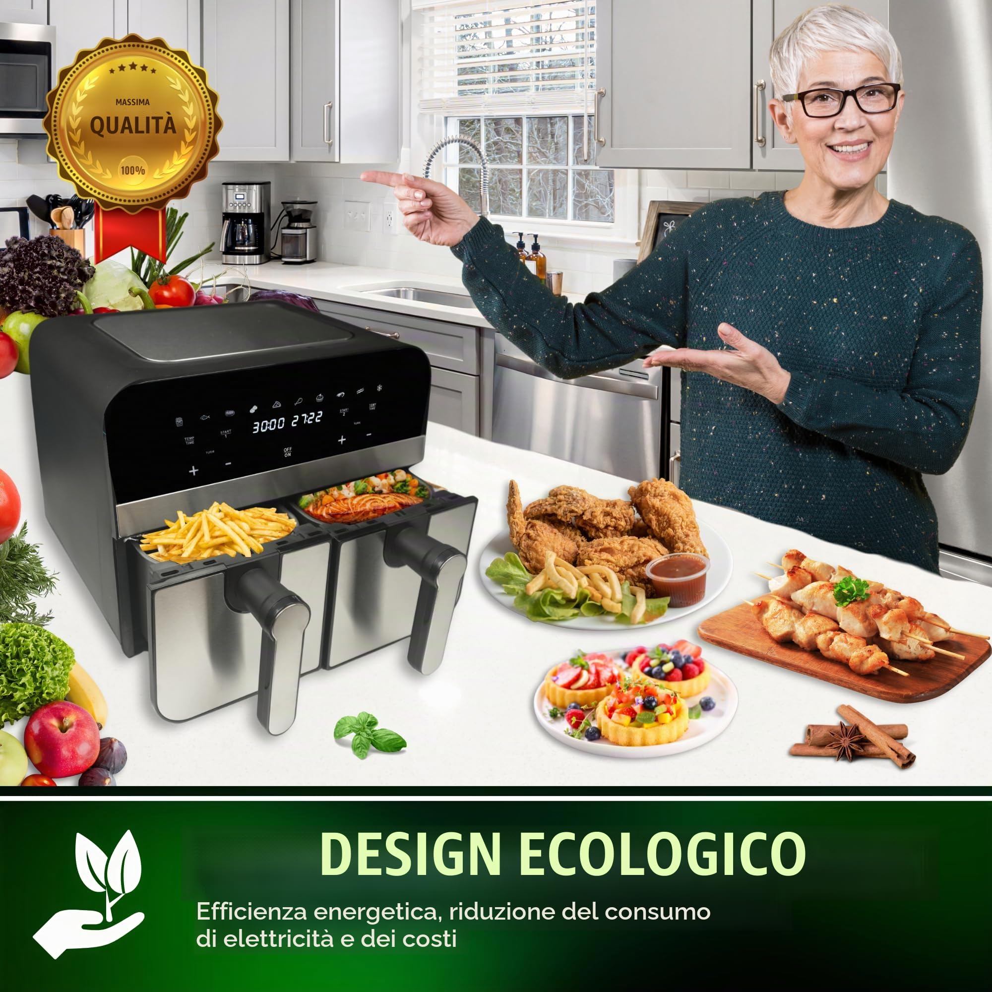 Comfy Nest, CNAFD45NS, Friggitrice ad aria calda, Friggitrice ad aria, doppio cestello digitale 2400W 9L in acciaio inox, cottura sana e veloce, ideale per i tuoi pasti in famiglia, 9L, argento